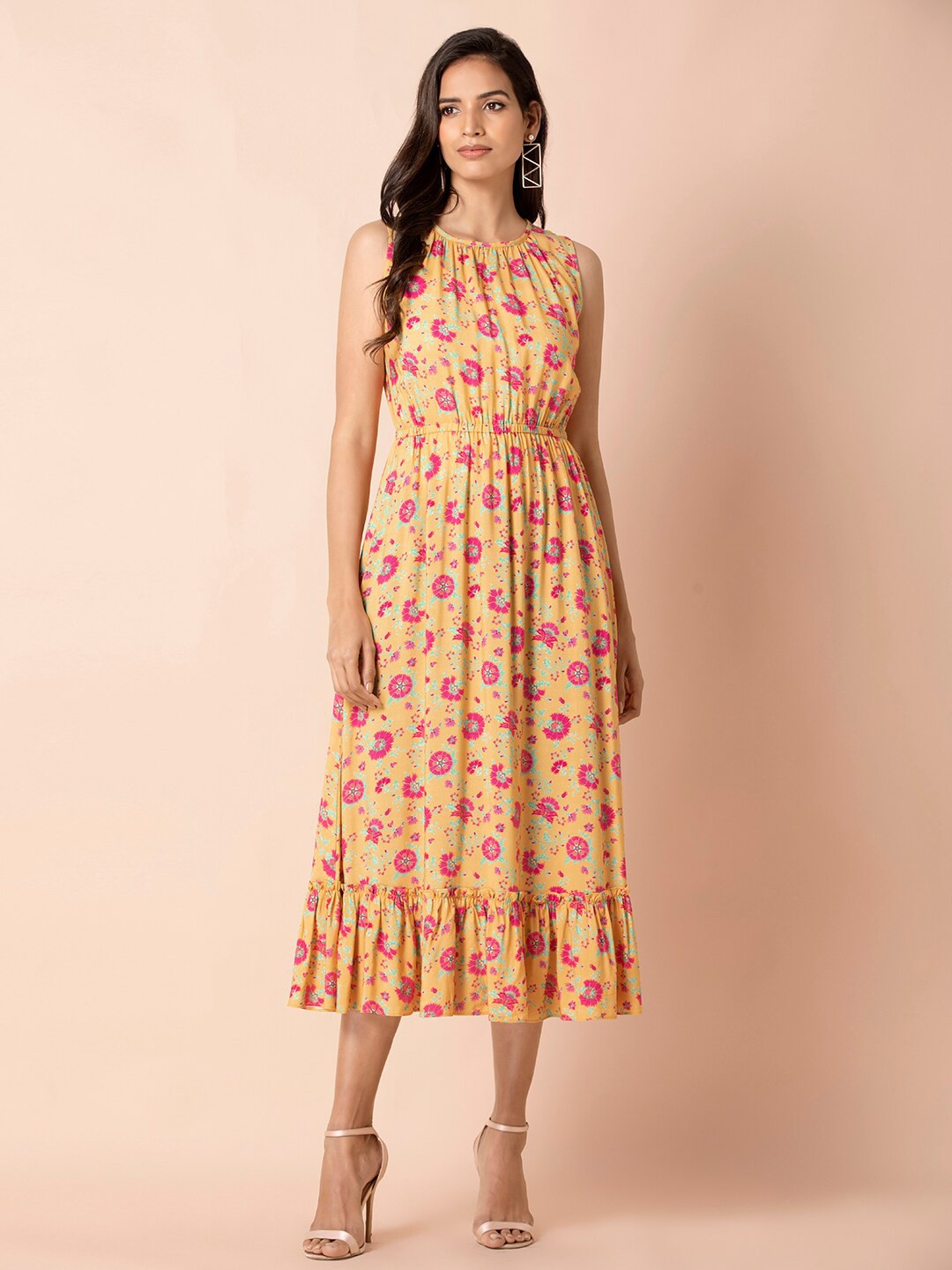 

INDYA Floral Printed Round Neck Fit & Flare Midi Dress, Yellow