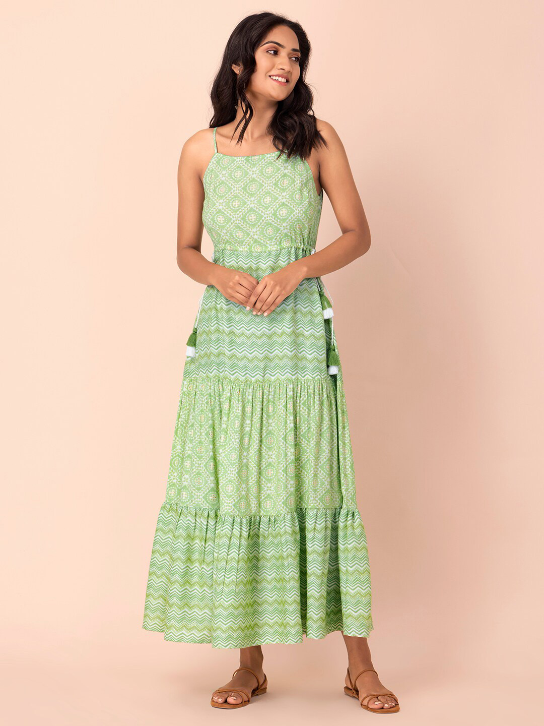

INDYA Ethnic Motif Printed Tiered Fit & Flare Maxi Ethnic Dress, Green