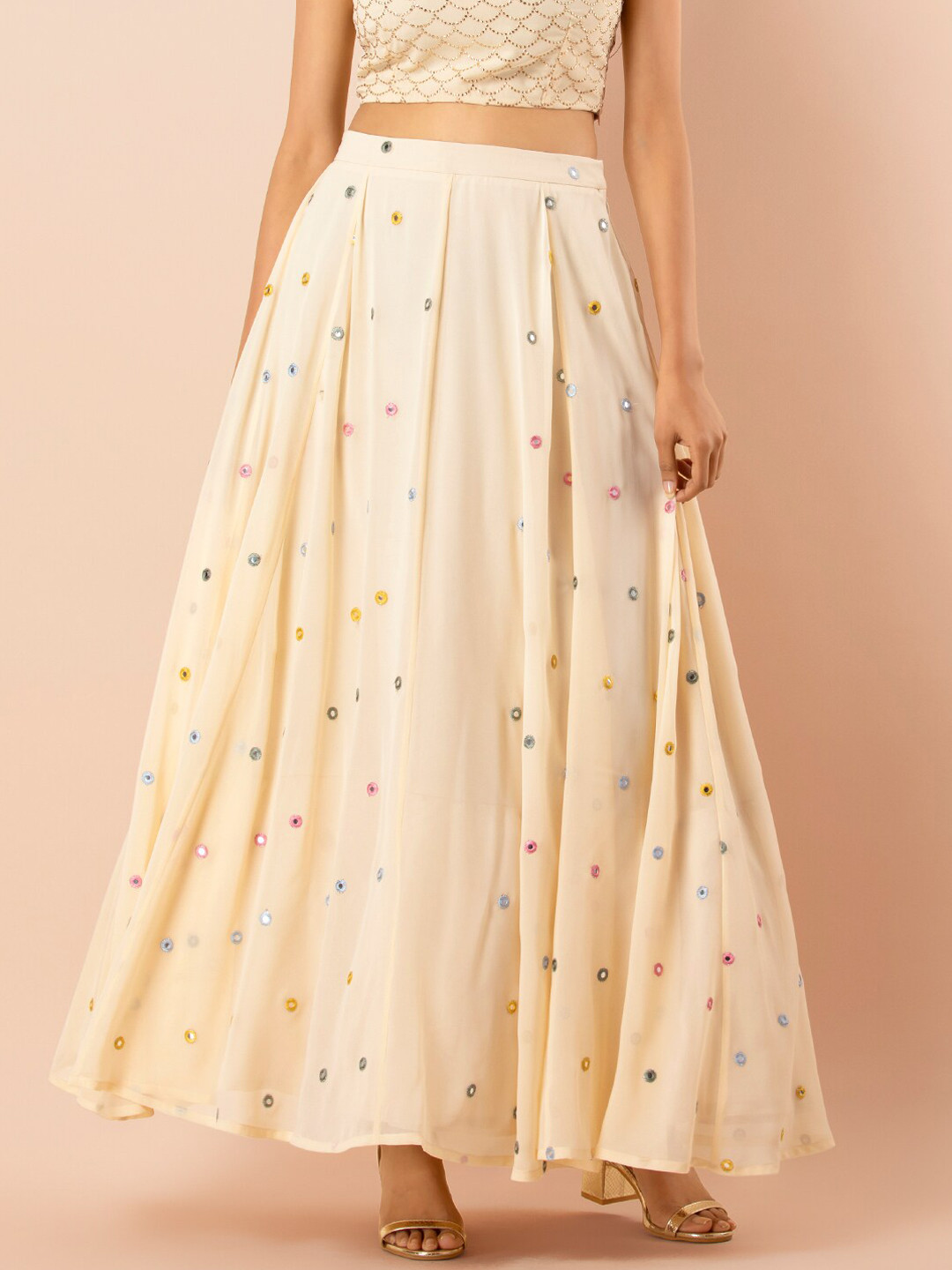 

INDYA Georgette Mirror Work Lehenga Skirt With Cancan, Cream