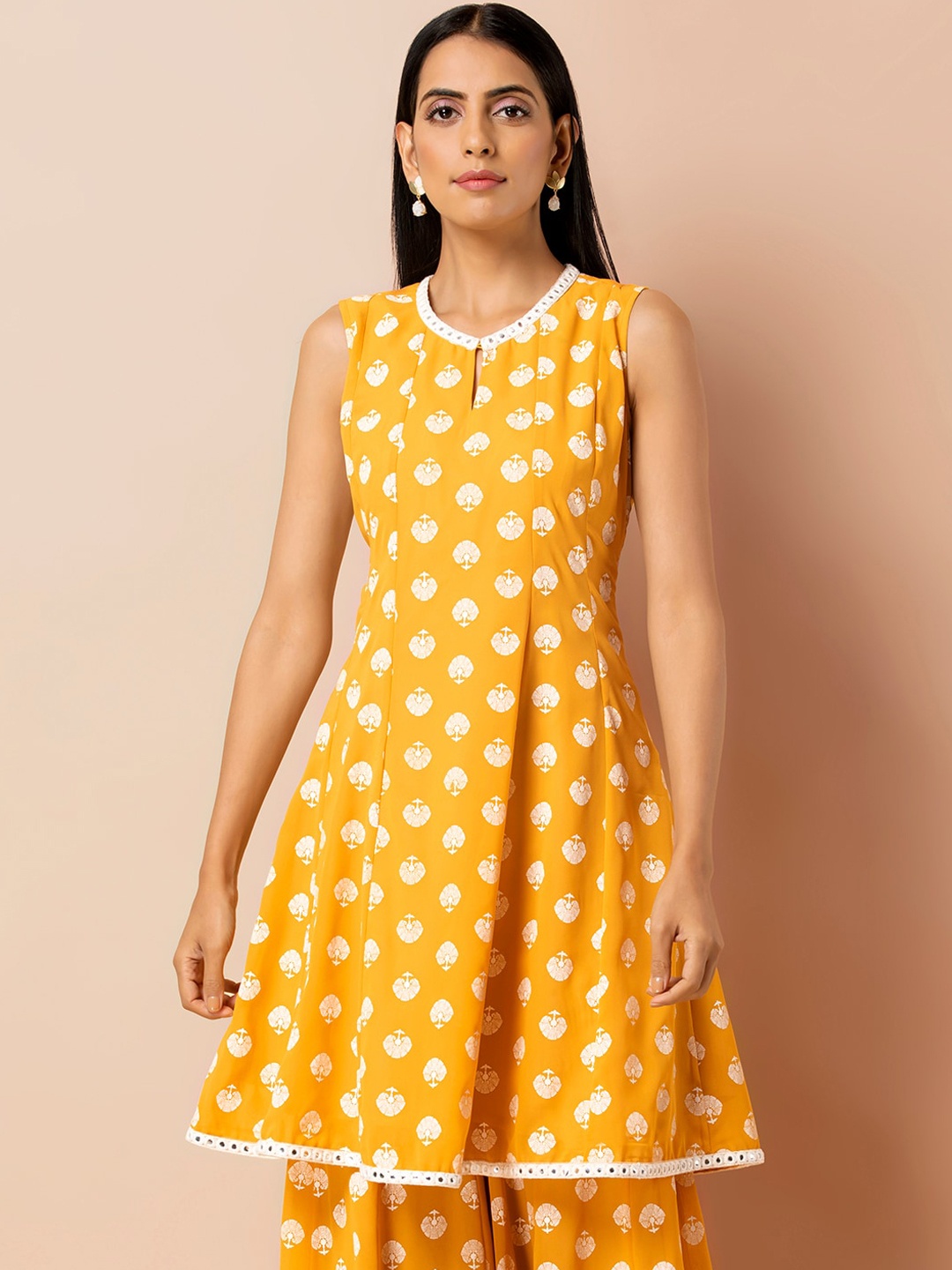 

INDYA Ethnic Motifs Printed Mirror Work Keyhole Neck A-Line Georgette Kurta, Yellow