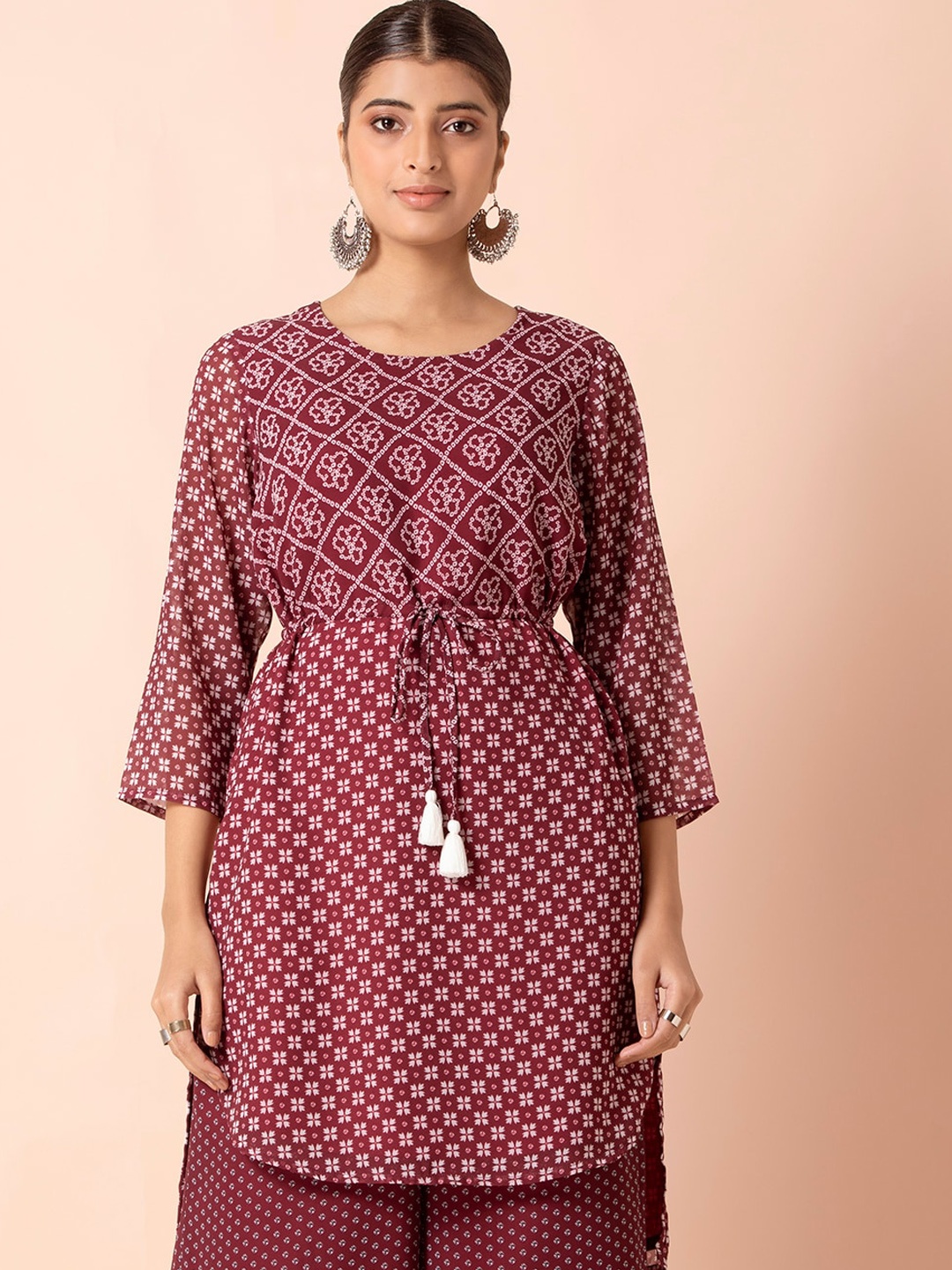 

INDYA Bandhani Printed High Low Hem Kurti, Maroon