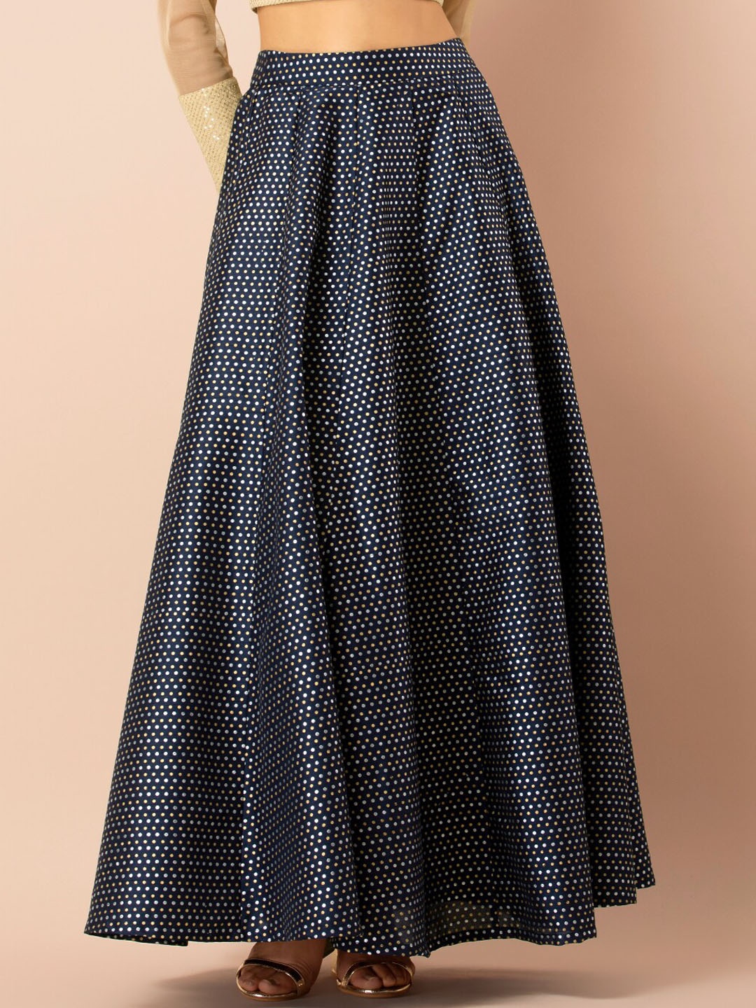 

INDYA Polka Dot Printed Layered Flared Maxi Skirt, Blue