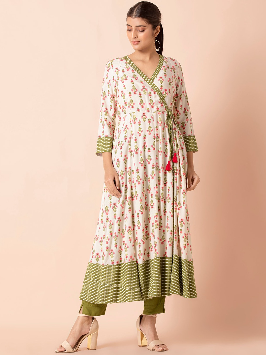 

INDYA Floral Printed Angrakha Anarakli Kurta, White