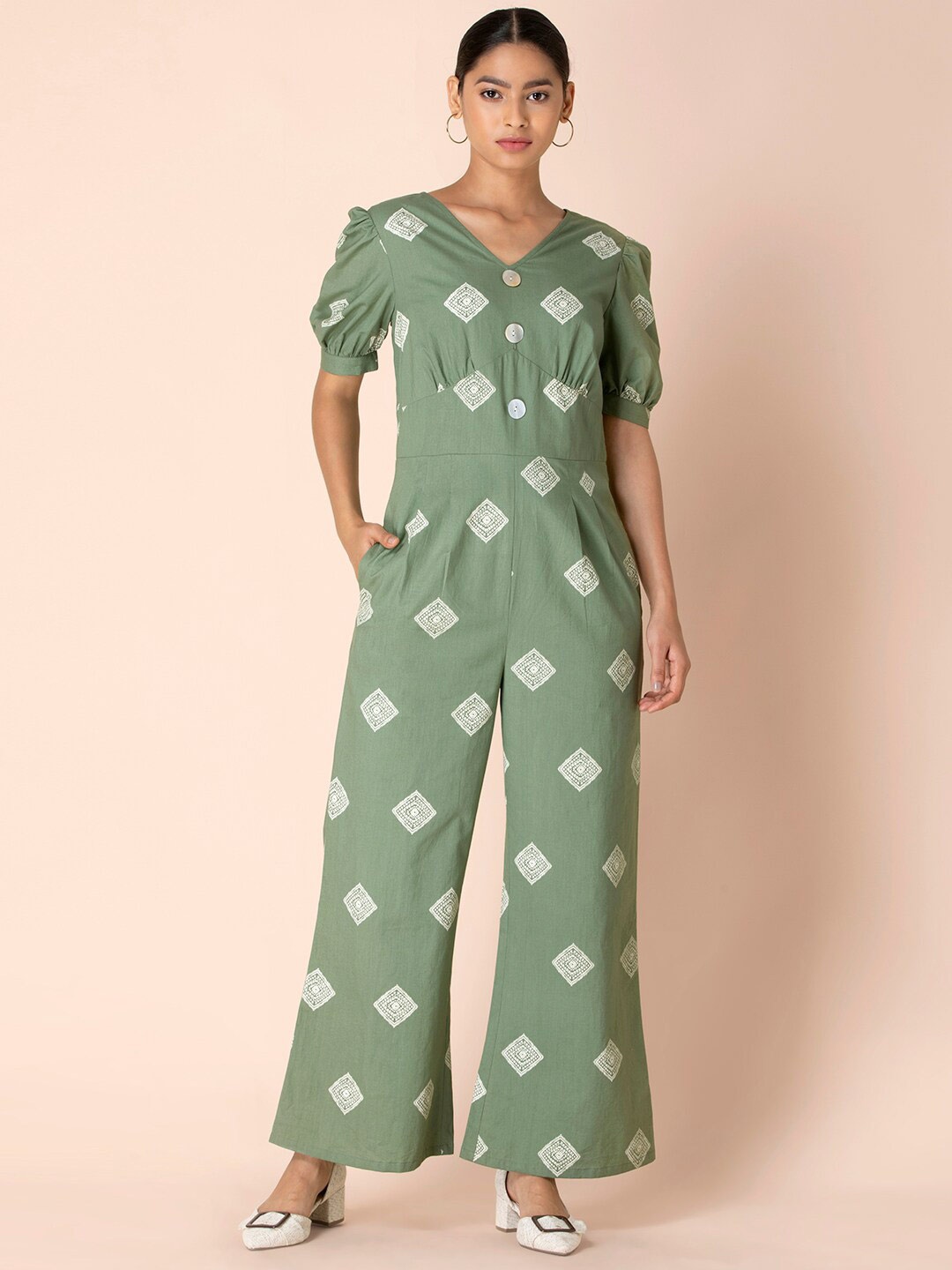 

INDYA Tribal Printed V-Neck Puff Sleeves Pure Cotton Bell Bottom Jumpsuit, Green