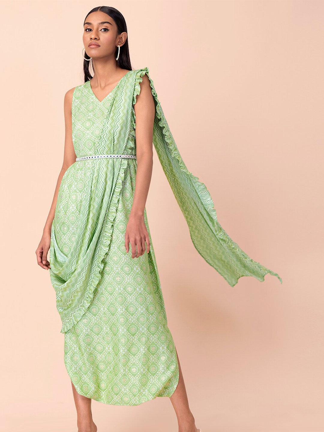 

INDYA Foil Printed Belted Jumpsuit with Attached Dupatta, Green