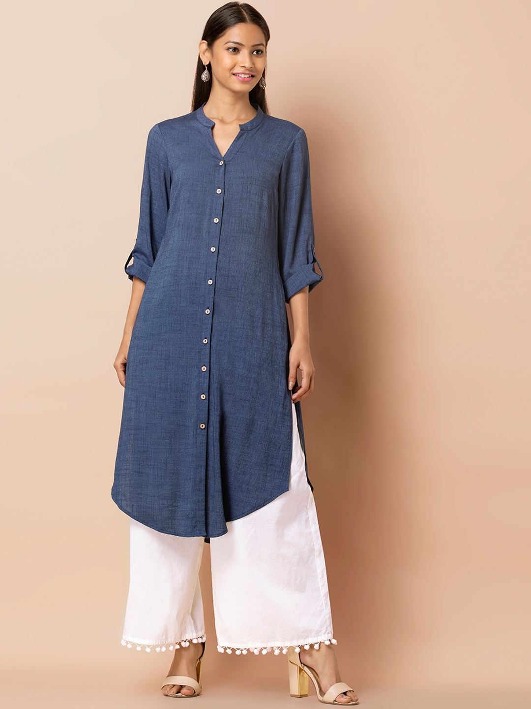 

INDYA Roll-Up Sleeves Mandarin Collar Pathani Kurta, Navy blue