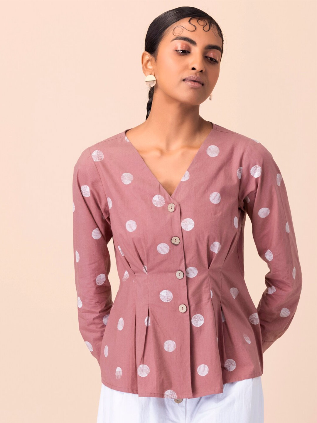 

INDYA V-Neck Polka Dot Printed Pure Cotton Peplum Top, Pink
