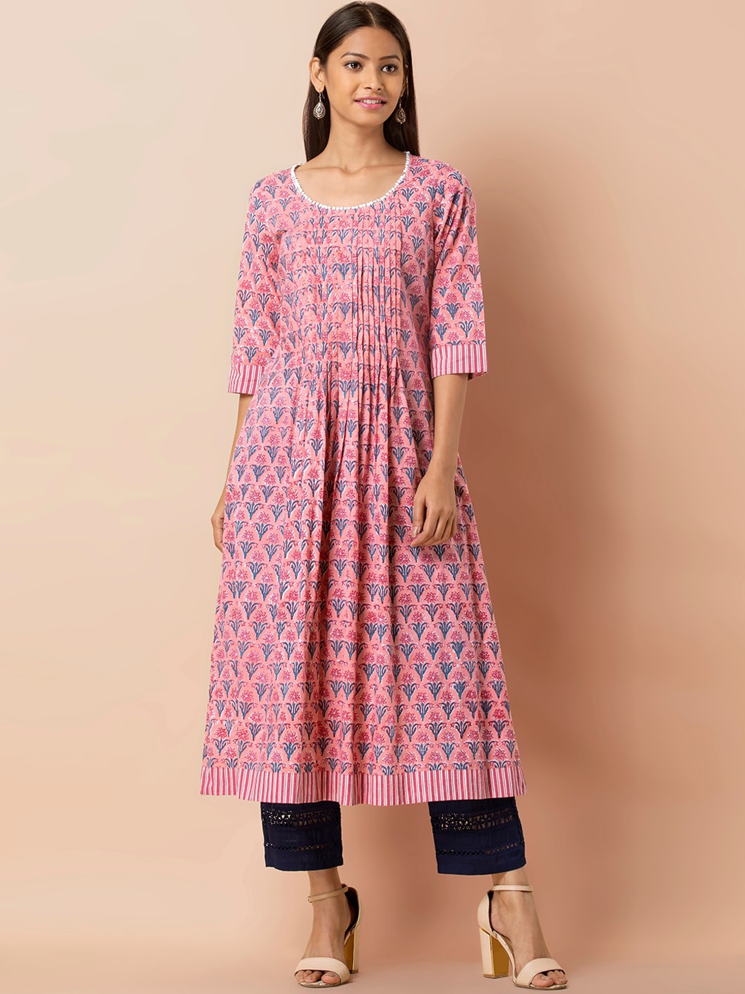 

INDYA Floral Printed Pure Cotton Pin Tuck A-Line Kurta, Pink