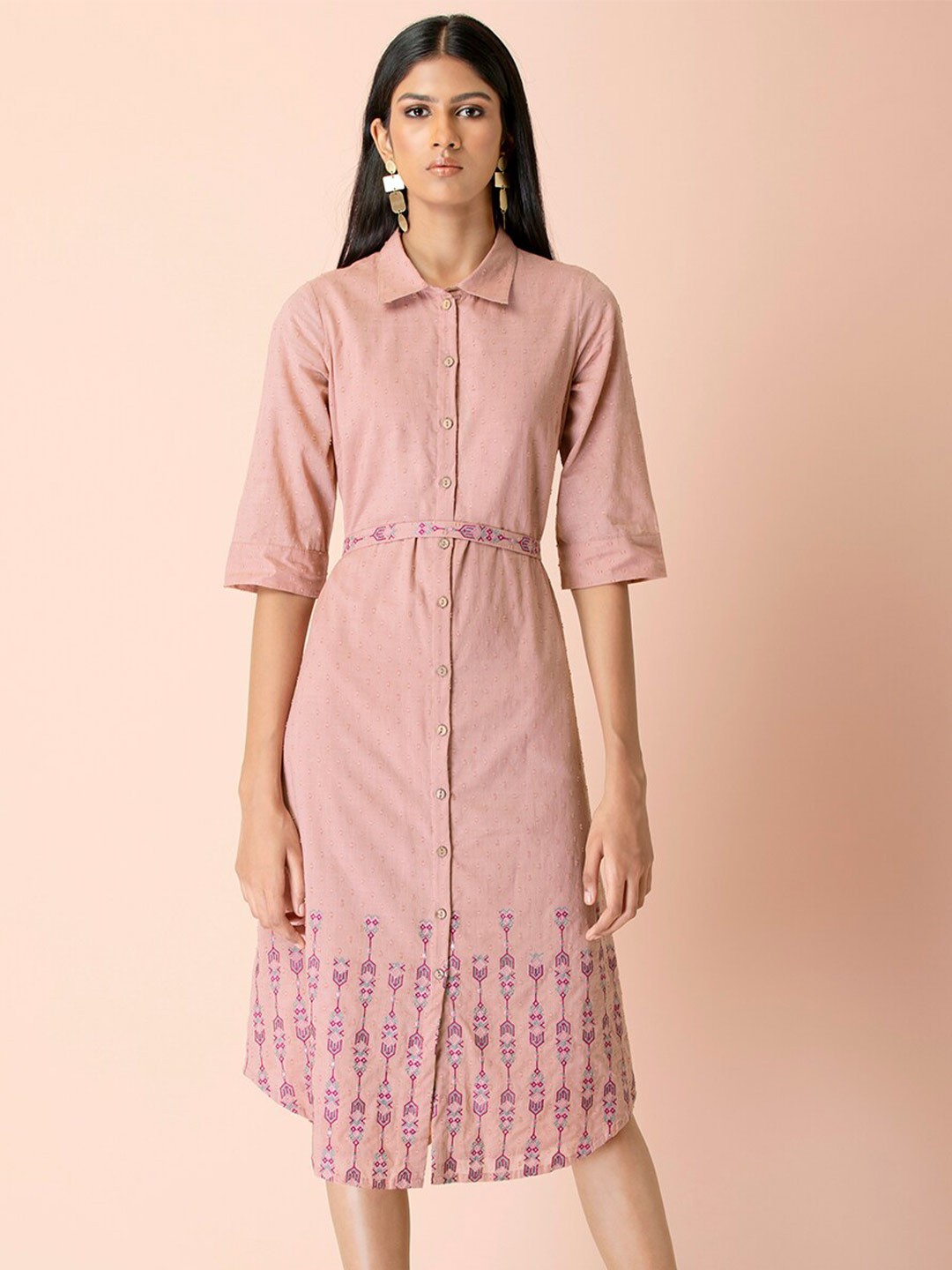 

INDYA Floral Embroidered Shirt Cotton Midi Dress, Pink