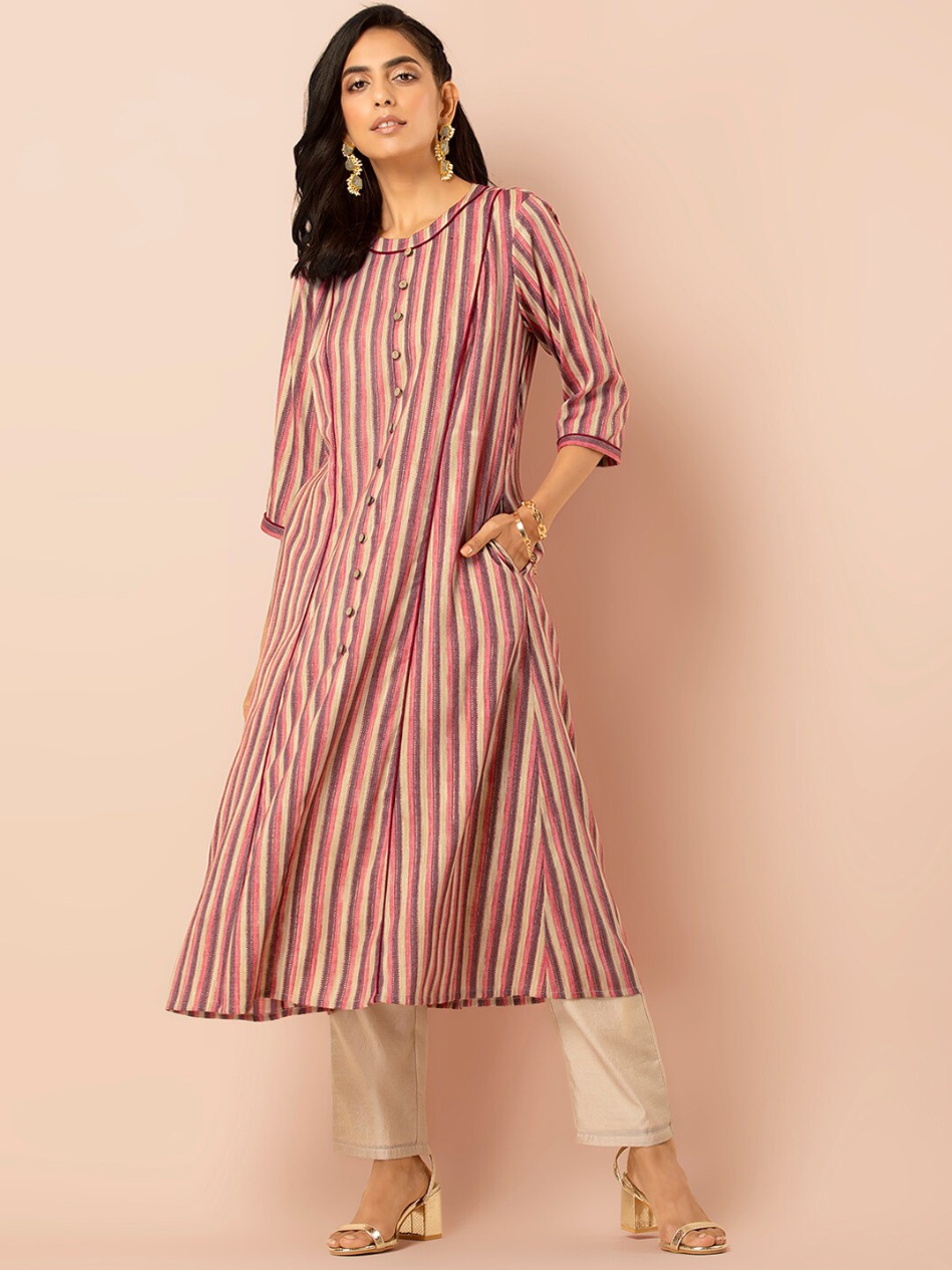 

INDYA Striped A-Line Kurta, Pink