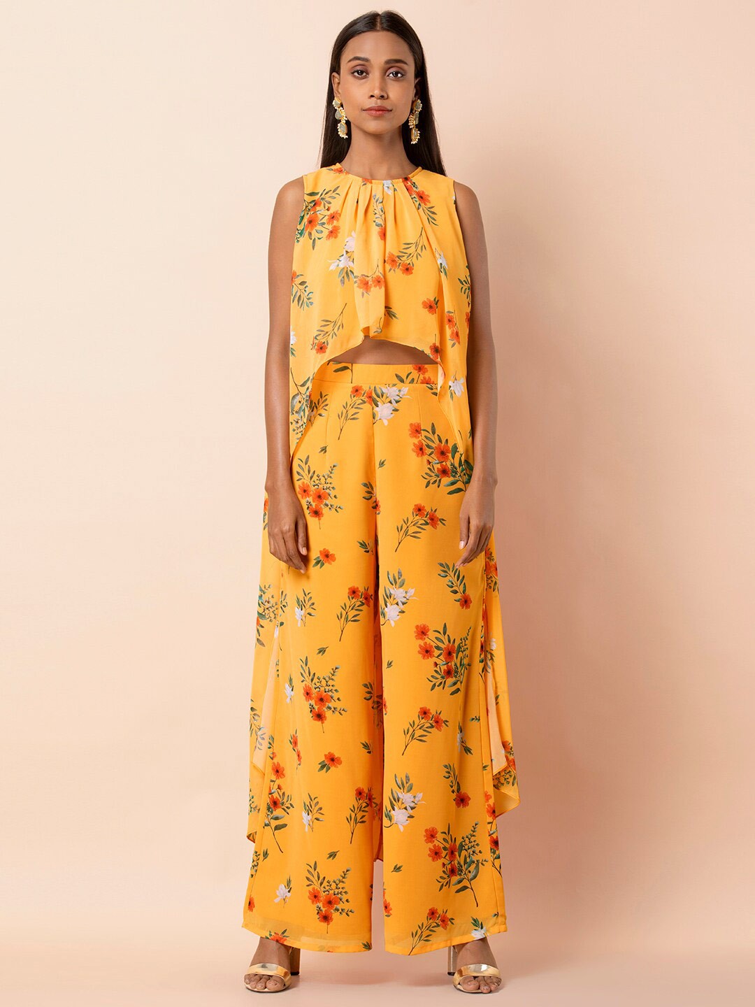 

INDYA Round Neck Floral Printed High-Low Hem Crop Top, Yellow