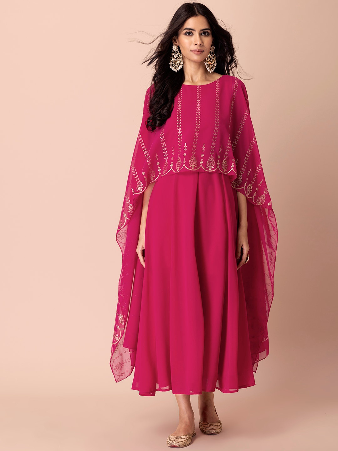 

INDYA Foil Printed Dupatta Layered Ethnic Dress, Pink