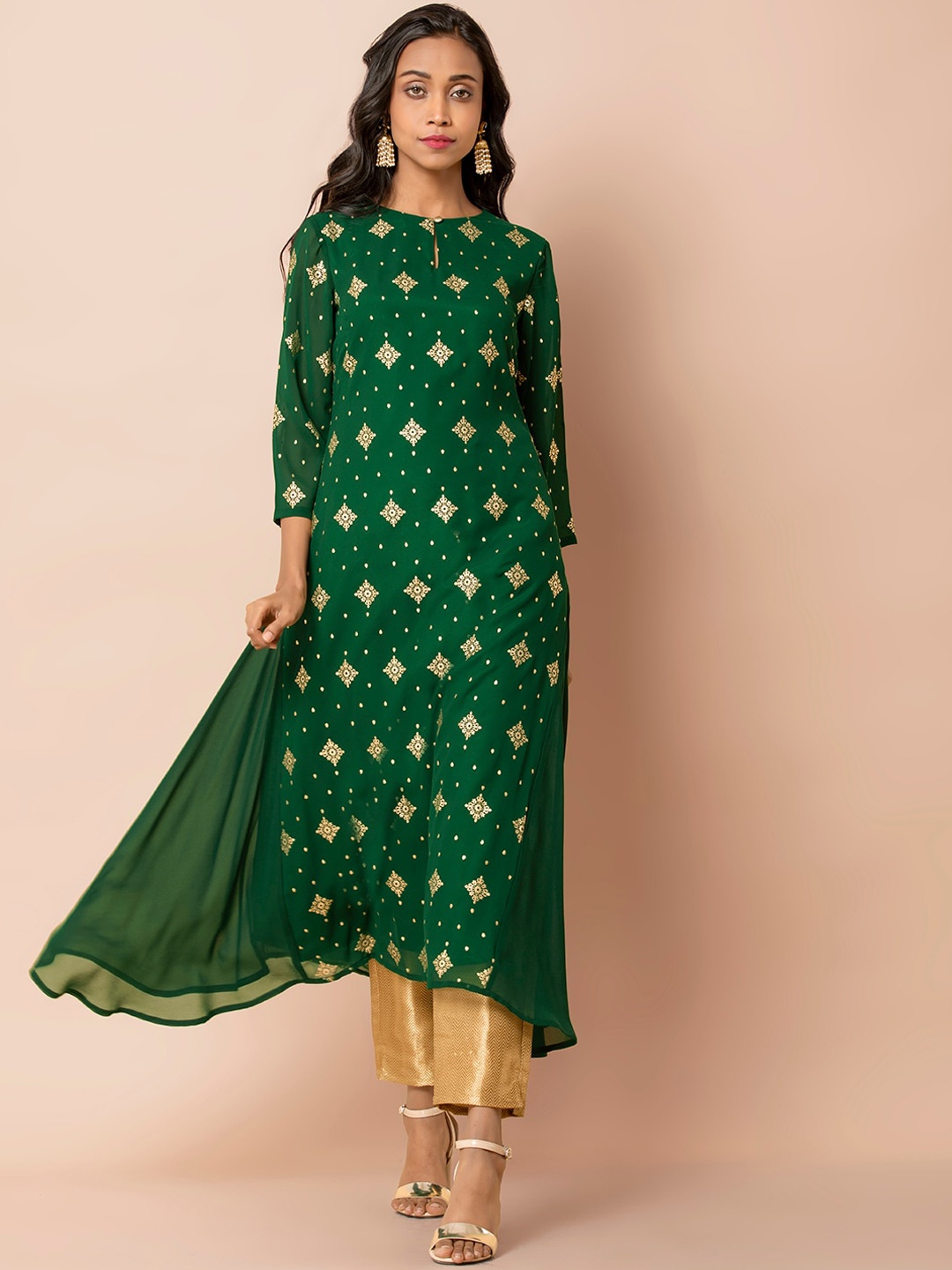 

INDYA Ethnic Motifs Foil Printed Flared Anarkali Kurta, Green