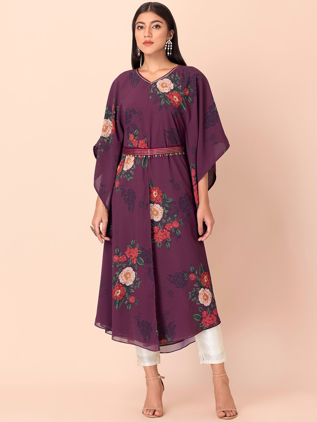 

INDYA Floral Printed High Slit Kaftan Georgette Kurta, Purple