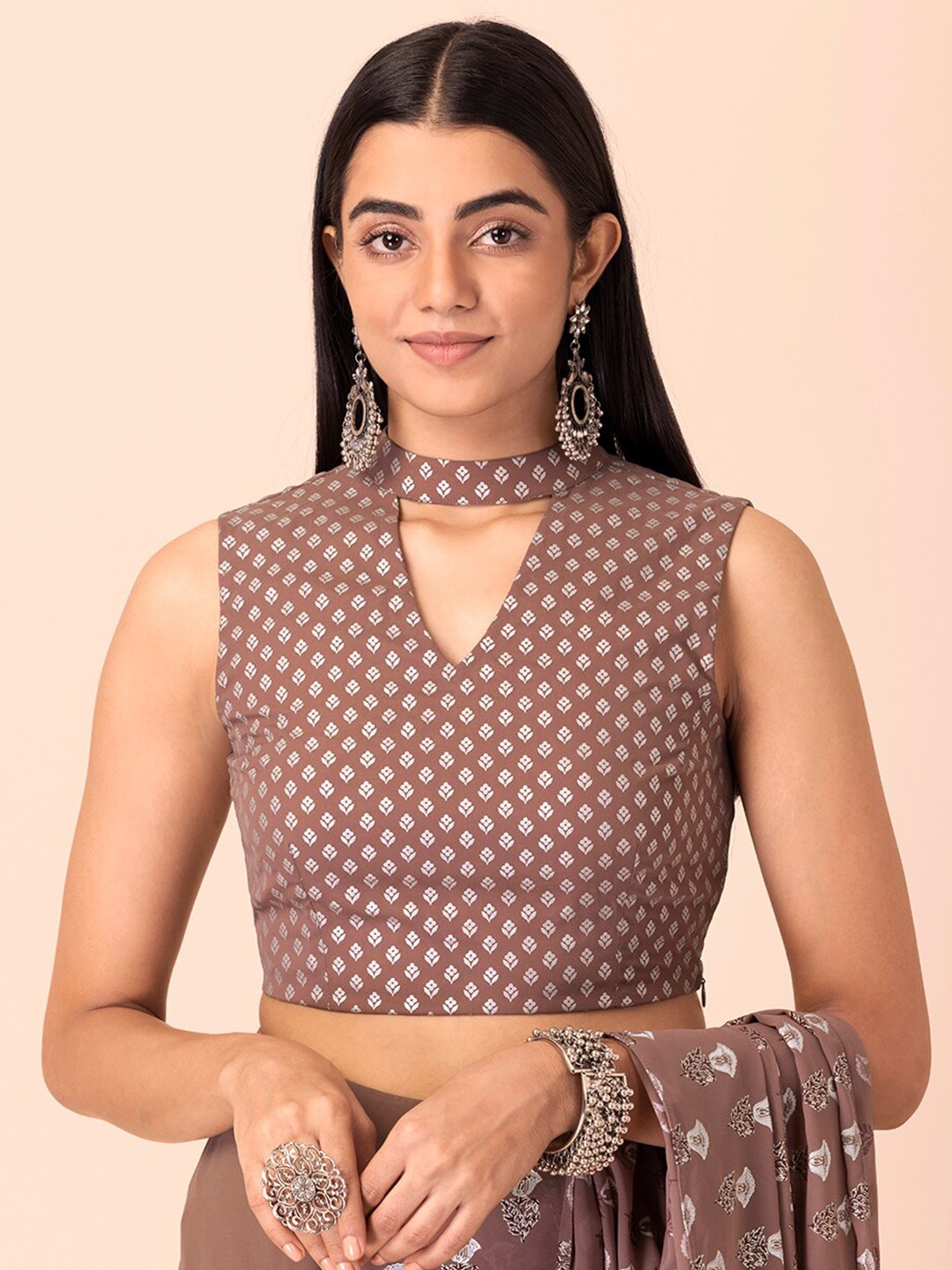 

INDYA Ethnic Motifs Foil Printed Choker Neck Saree Blouse, Mauve