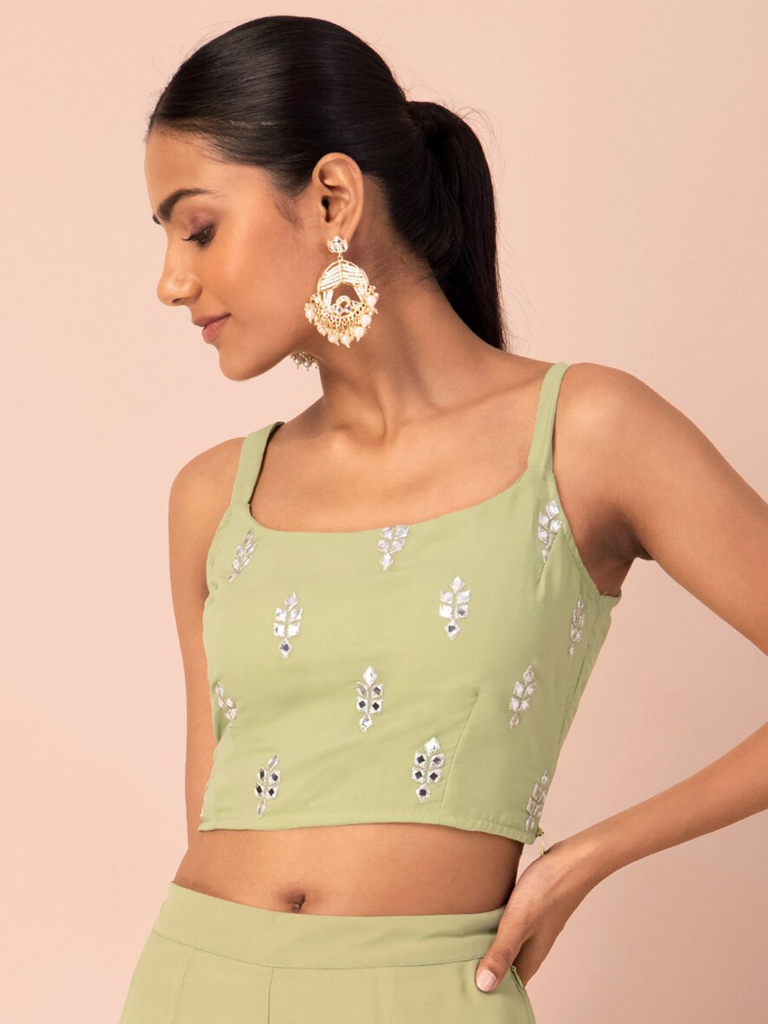 

INDYA Mirror Embroidered Shoulder Straps Crop Top, Green