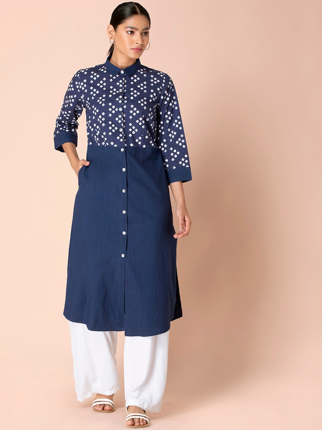 

INDYA Bandhani Printed Pure Cotton Shirt Collar Straight Kurta, Blue