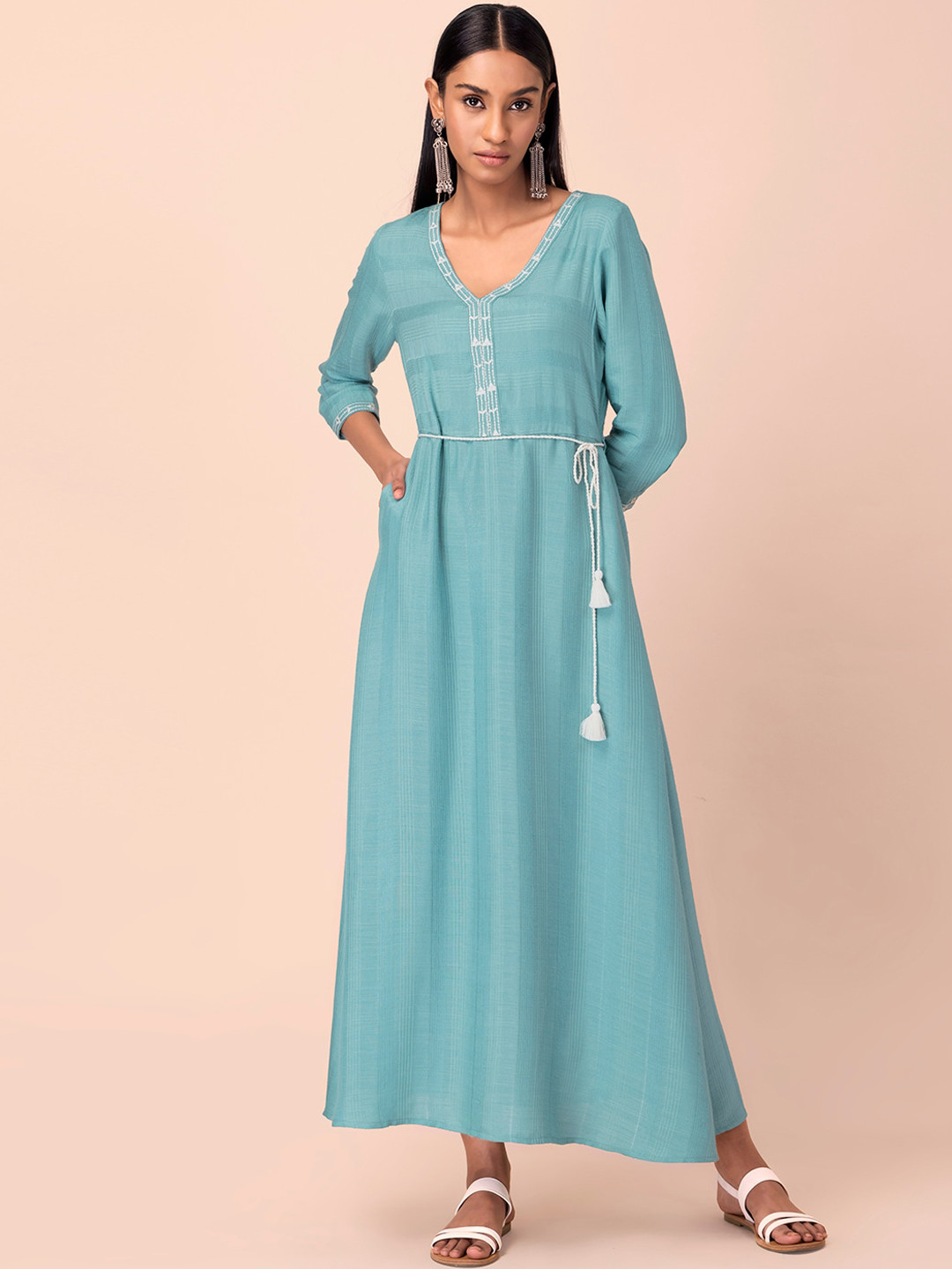 

INDYA Woven Design A-Line Kurta With Dori Belt, Blue