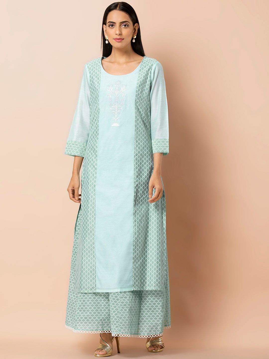 

INDYA Panaled Geometric Printed Thread Work Straight Kurta, Turquoise blue