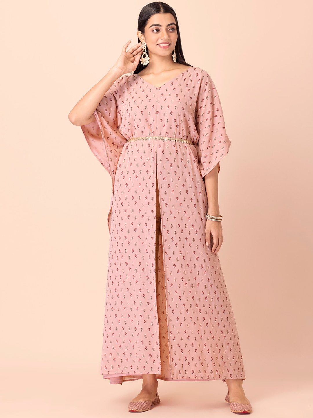 

INDYA V-Neck Floral Printed Kaftan Georgette Kurta, Peach