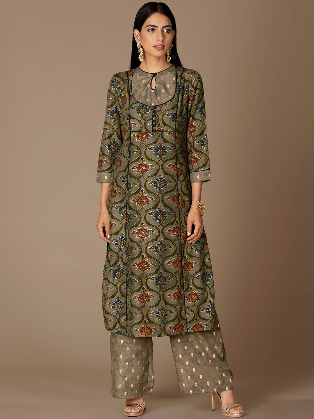 

INDYA Floral Printed Keyhole Neck Kurta, Grey