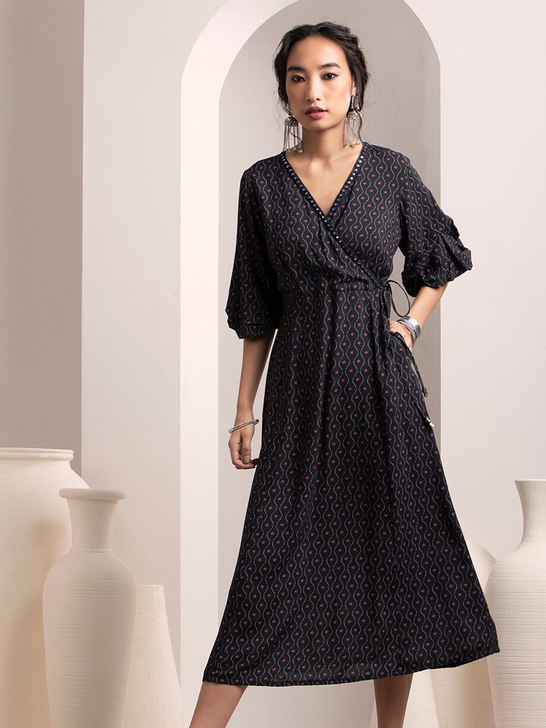

INDYA V-Neck Printed Side-Tie Dress, Black