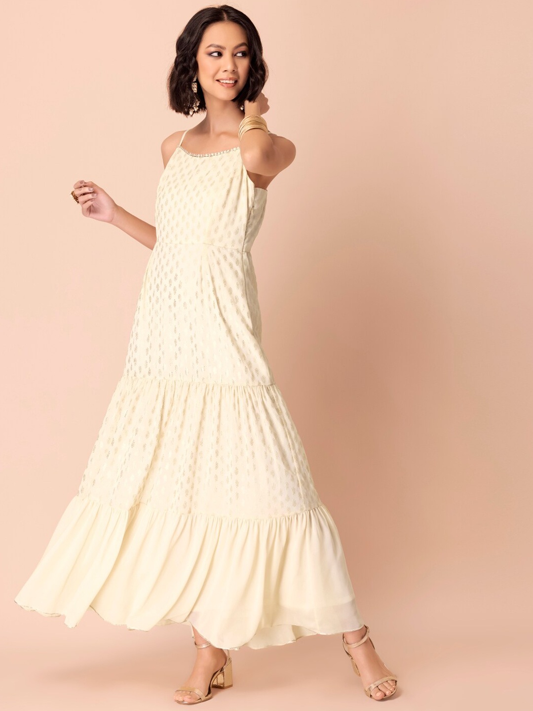 

INDYA Shoulder Straps Foil Printed Tiered Maxi Georgette Kurta, Yellow