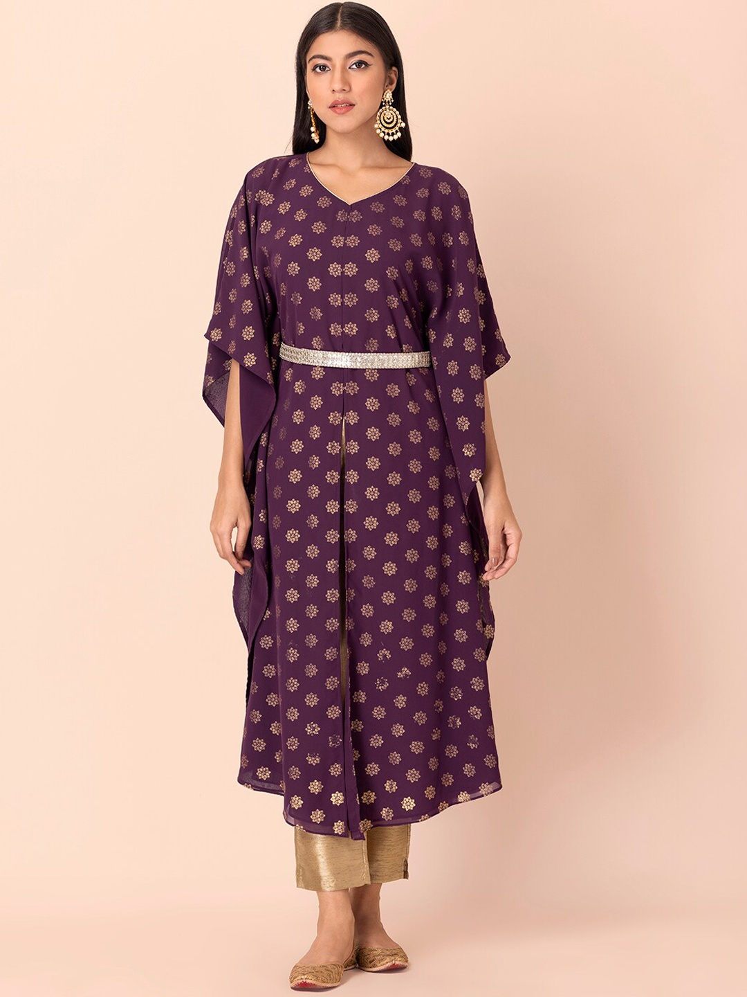 

INDYA V-Neck Ethnic Motifs Printed Flared Sleeves Foil Print Kaftan Kurta, Purple