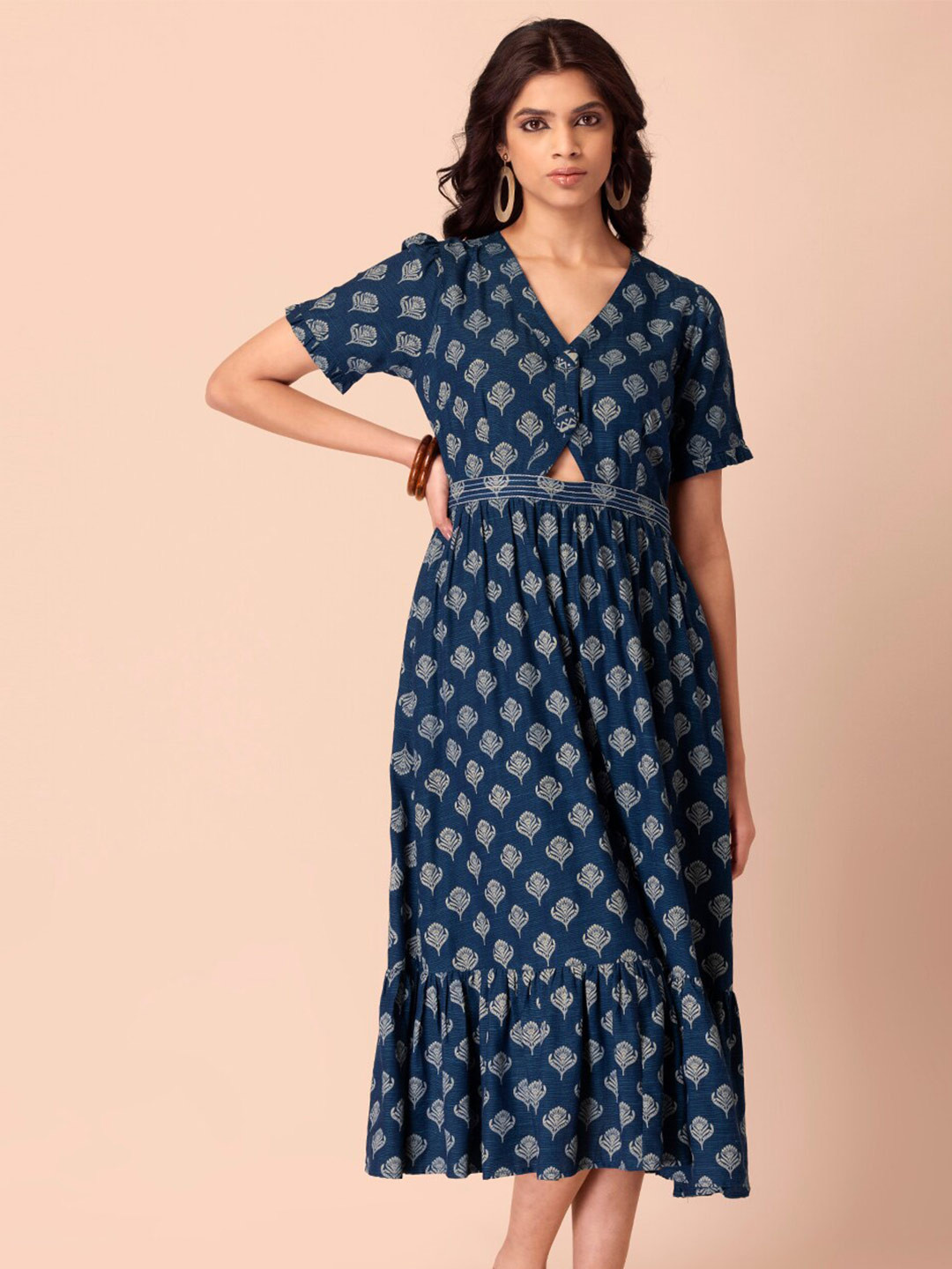 

INDYA Botta Printed & Embroidered Waist A-Line Midi Dress, Navy blue