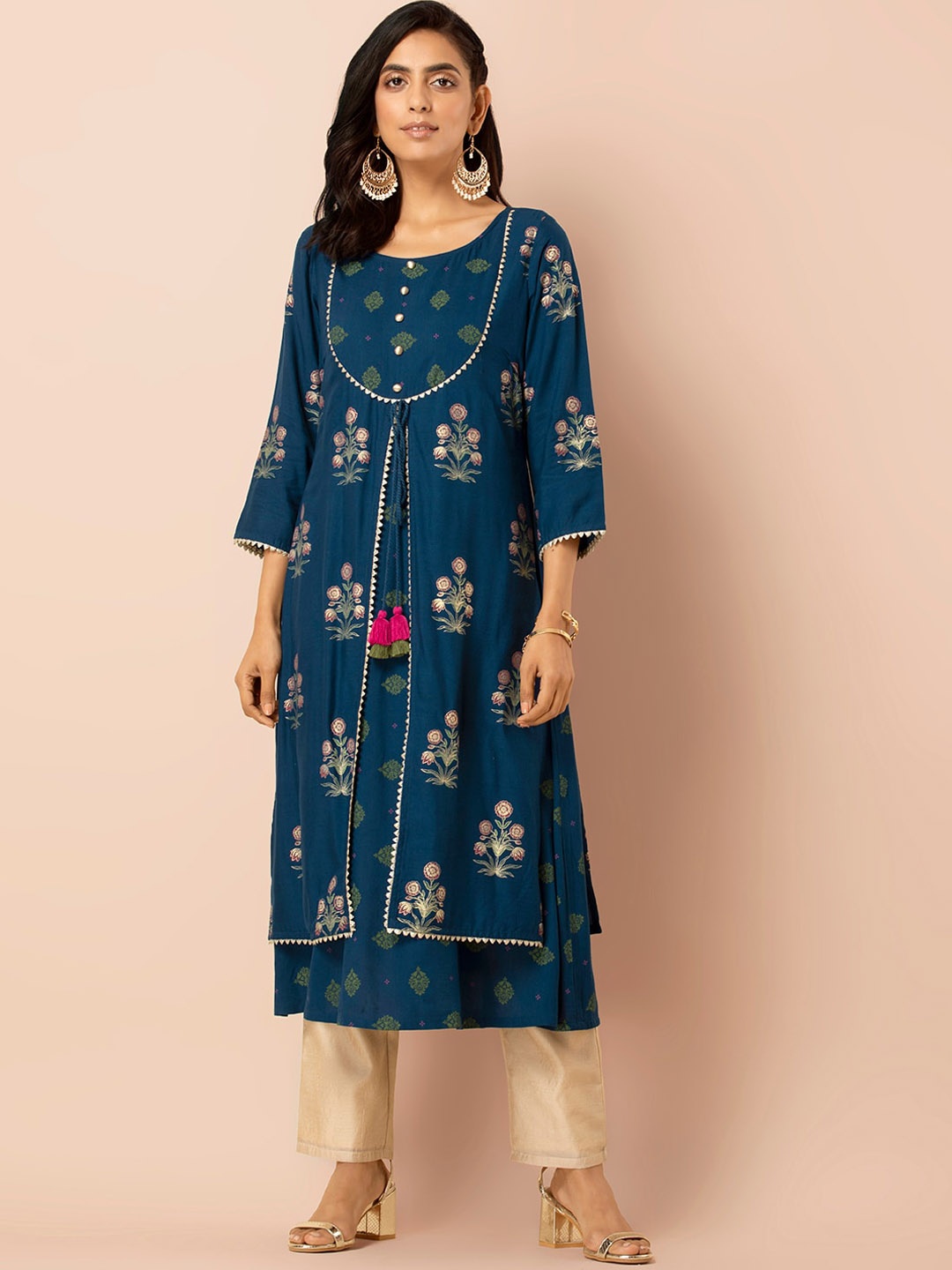 INDYA Floral Printed Gotta Patti Layered Kurta, Blue