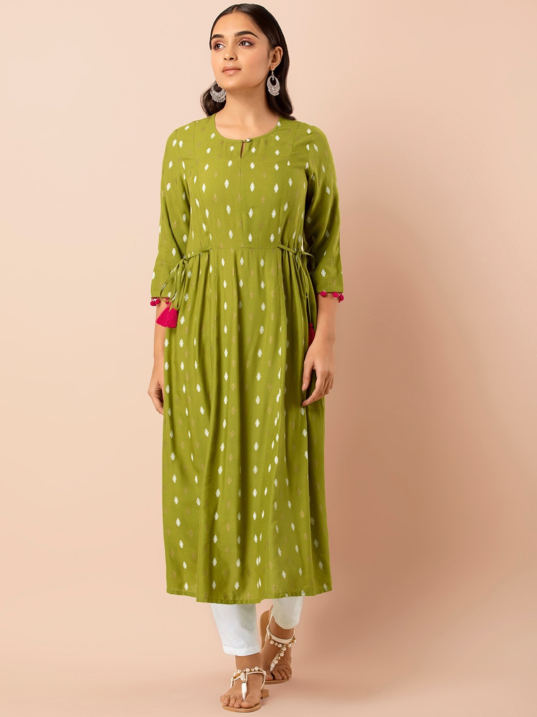 

INDYA Ethnic Motifs Printed Keyhole Neck A-Line Kurta, Green