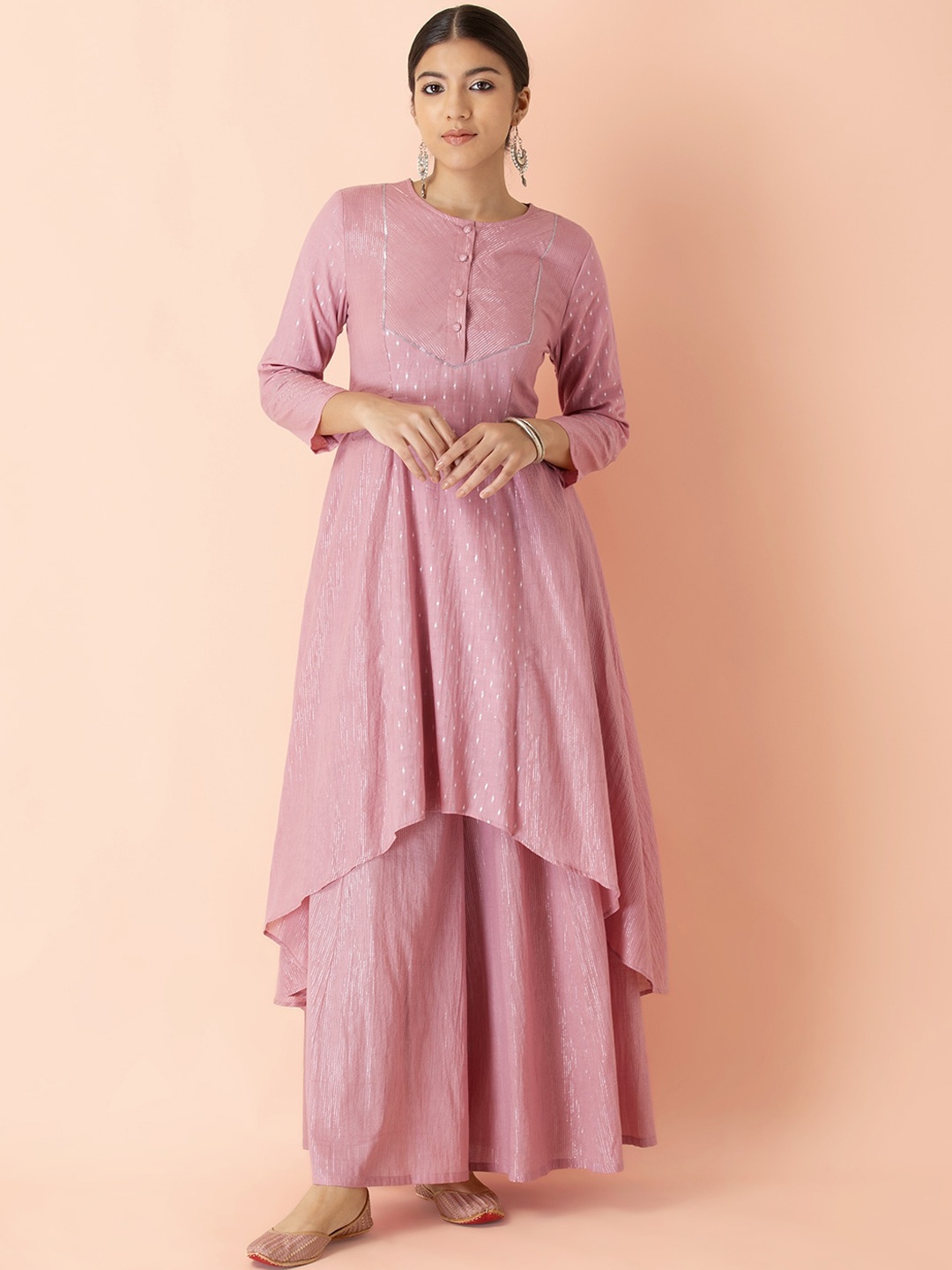 

INDYA Woven Design Sequined A-Line High Low Kurta With Palazzo, Pink