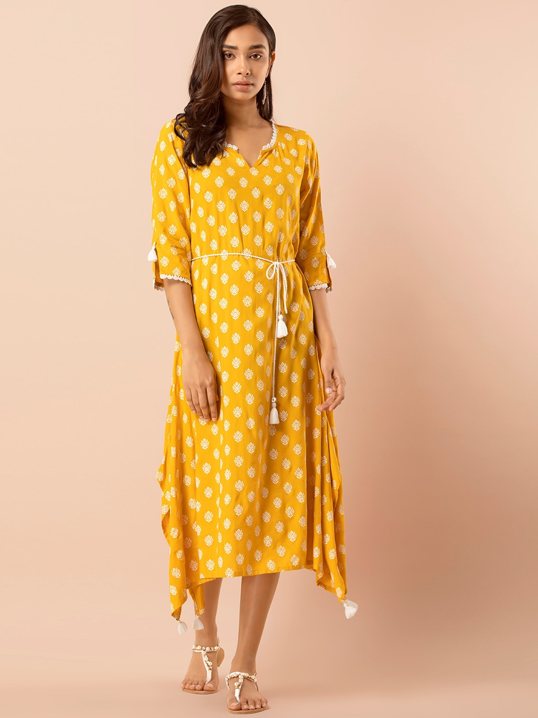 

INDYA Ethnic Motifs Printed A-Line Midi Ethnic Dress With Belt, Yellow