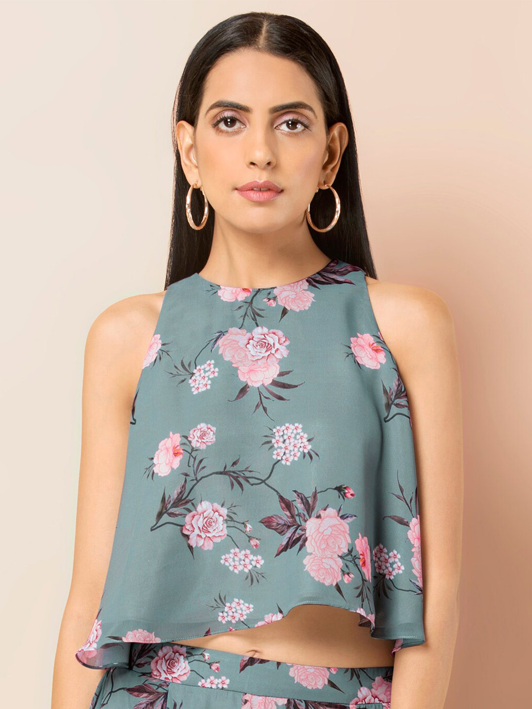 

INDYA Floral Printed Round Neck Crop A-Line Top, Grey