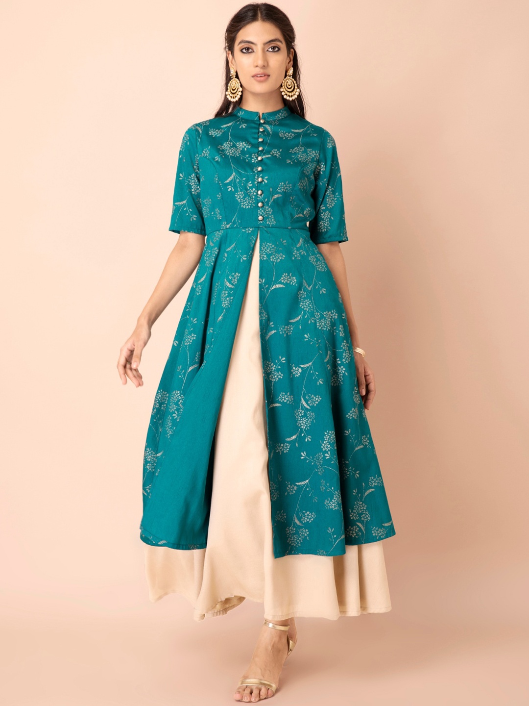 

INDYA Floral Foil Printed Layered A-Line Kurta, Teal