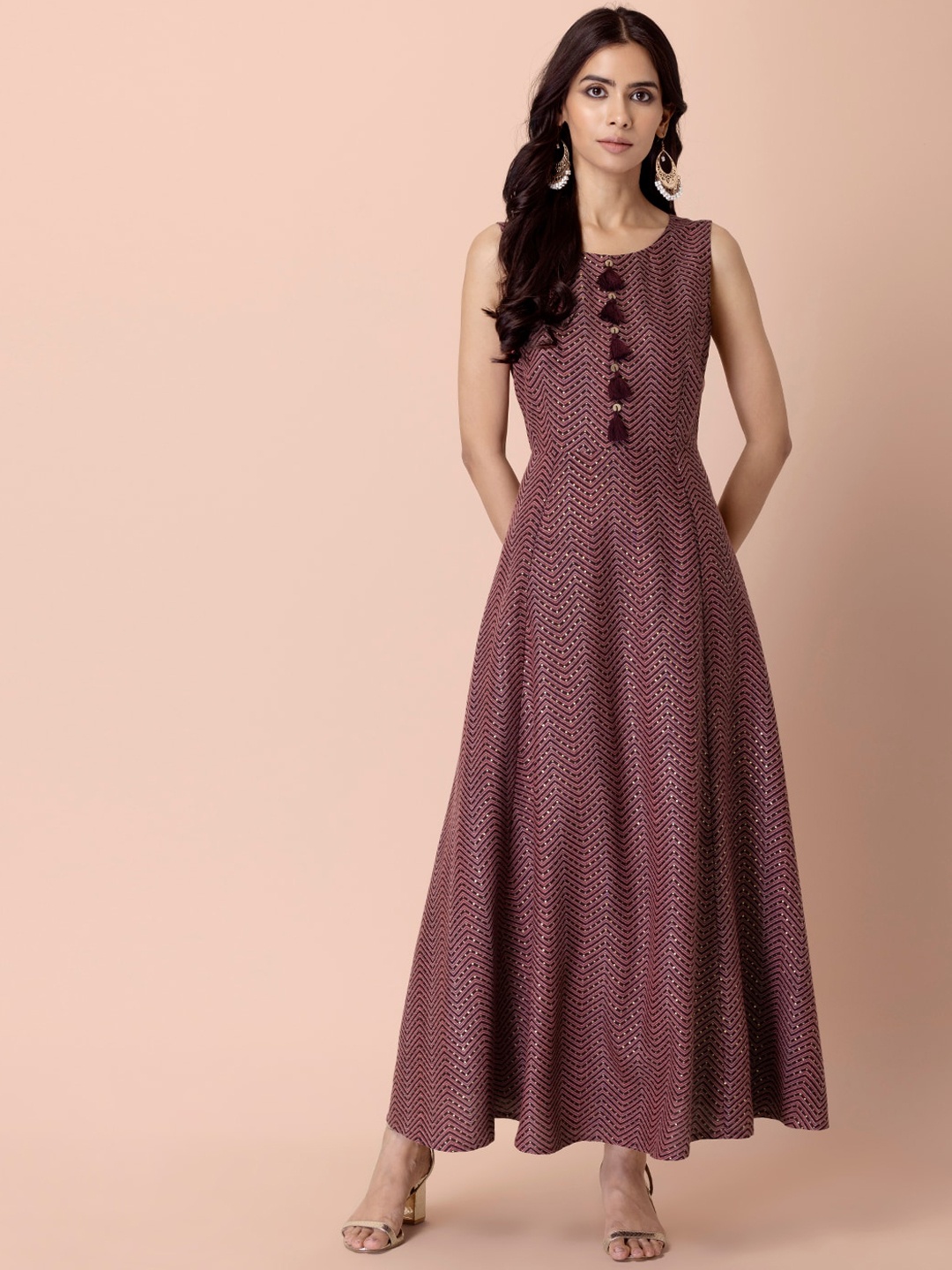 

INDYA Chevron Printed Flared Kurta, Maroon