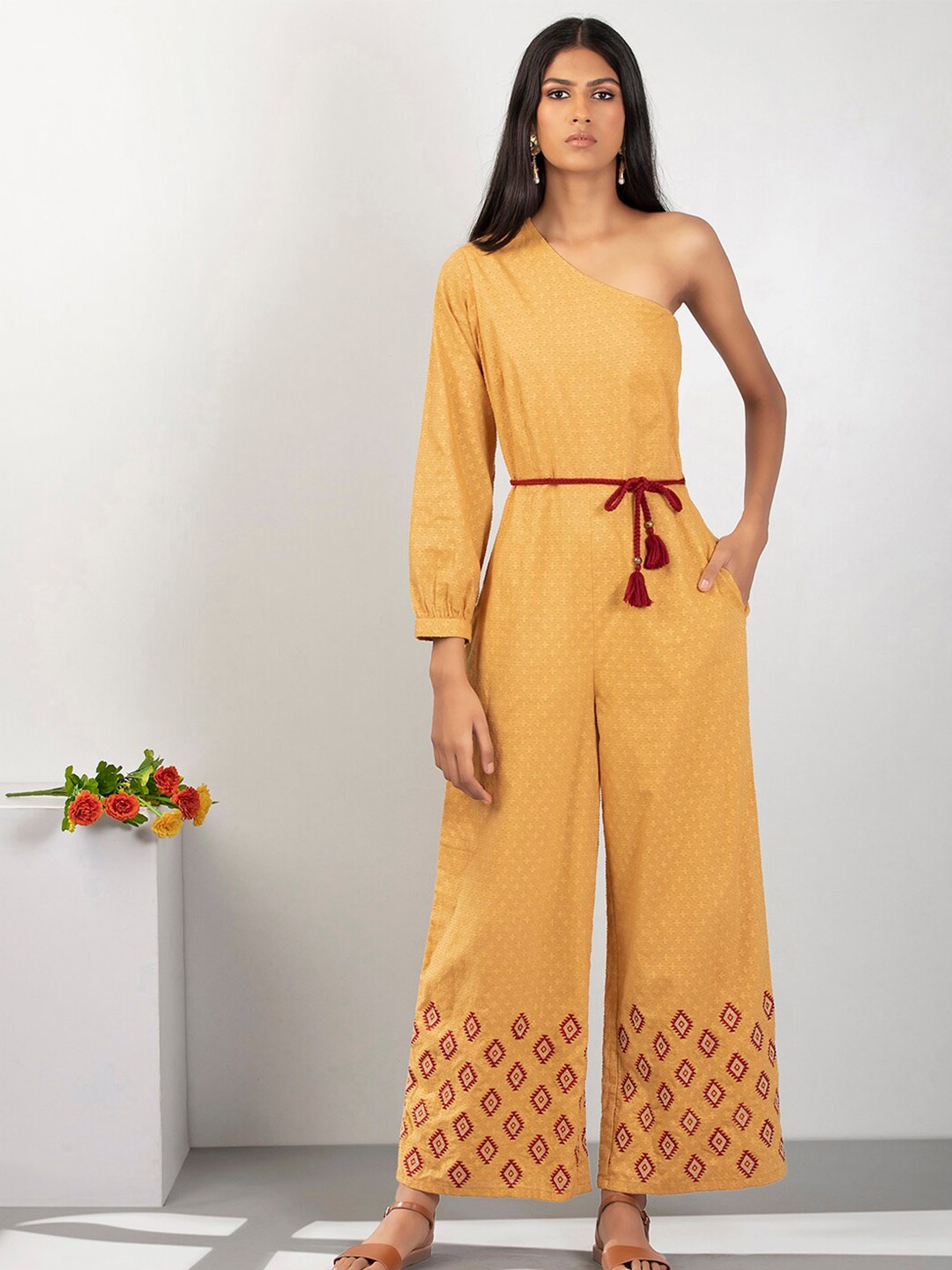 

INDYA Pure Cotton One Shoulder Jumpsuit, Yellow