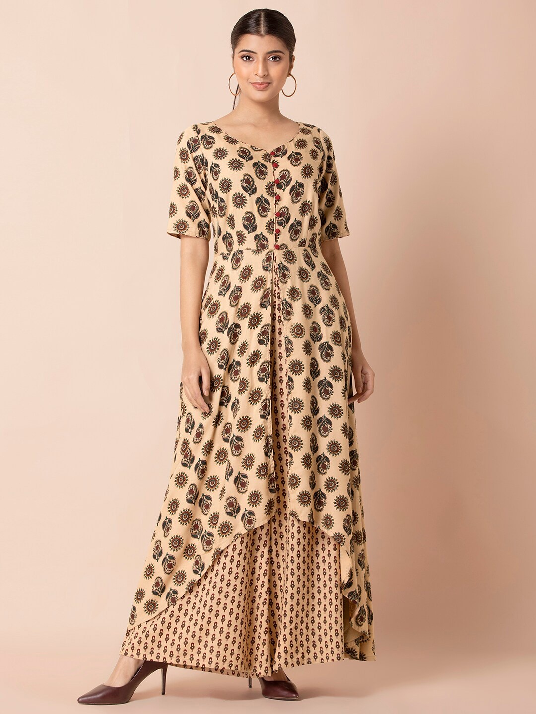 

INDYA Ethnic Motifs Printed Layered Culotte Jumpsuit, Beige