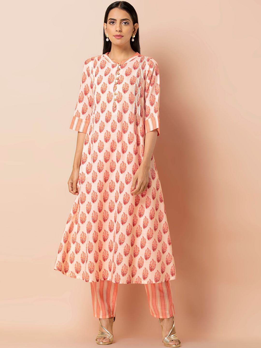 

INDYA V-Neck Floral Printed A-Line Kurta, Orange