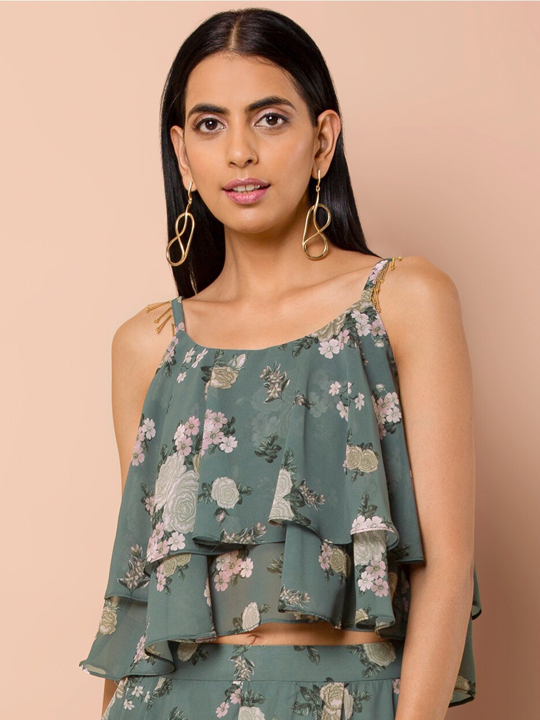 

INDYA Floral Printed Layered A-Line Crop Top, Grey