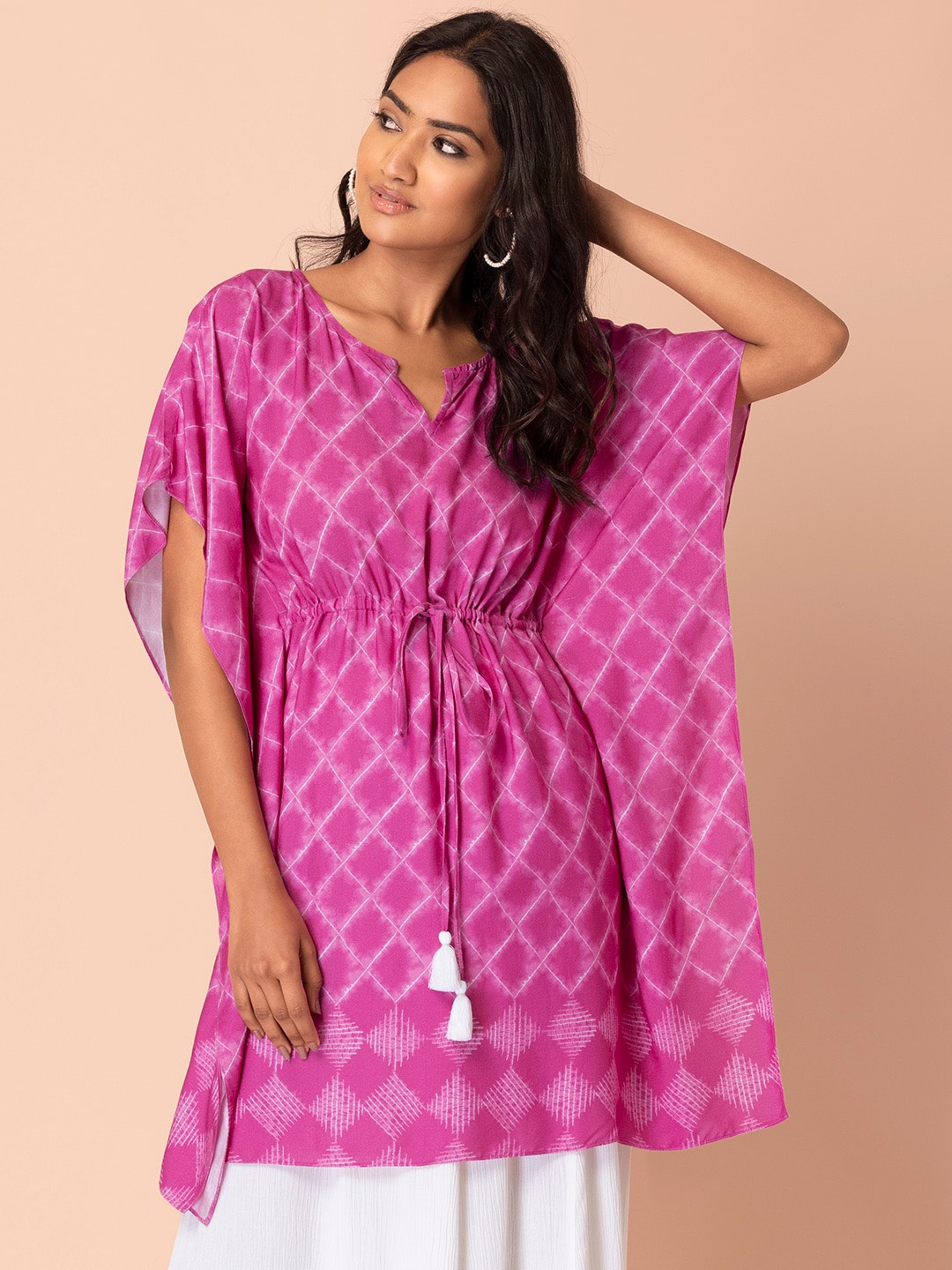 

INDYA Notched Neck Shibori Geometric Printed Kaftan Kurta, Purple