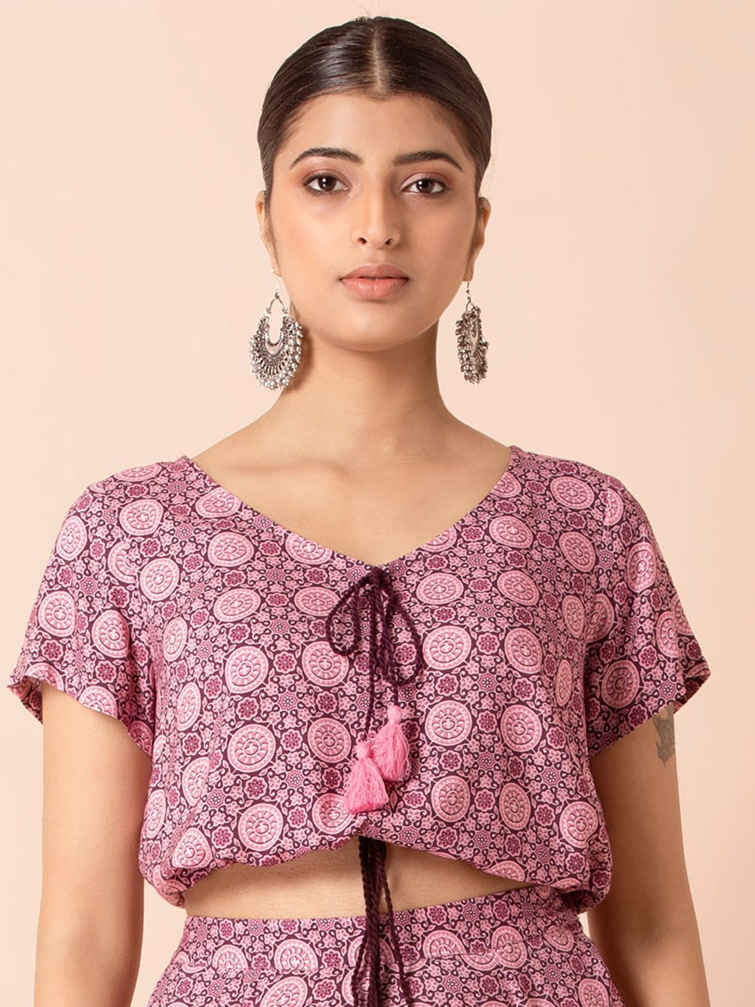 

INDYA V-Neck Ethnic Motif Printed Blouson Crop Top, Pink