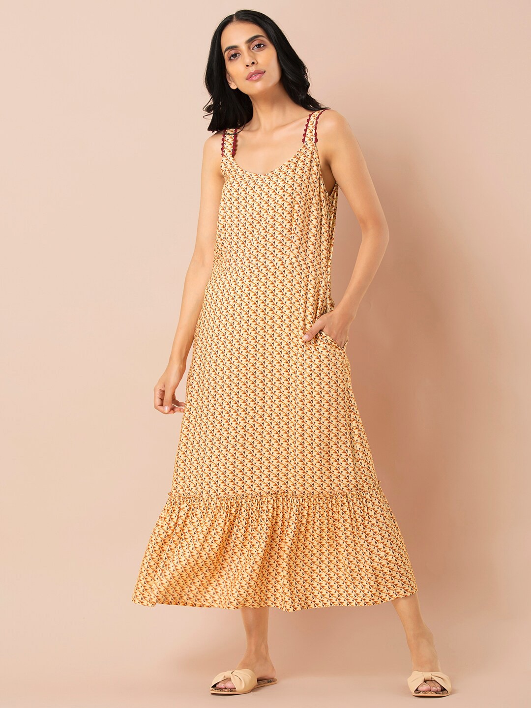 

INDYA Shoulder Straps Floral Printed A-Line Dress With Pocket, Yellow