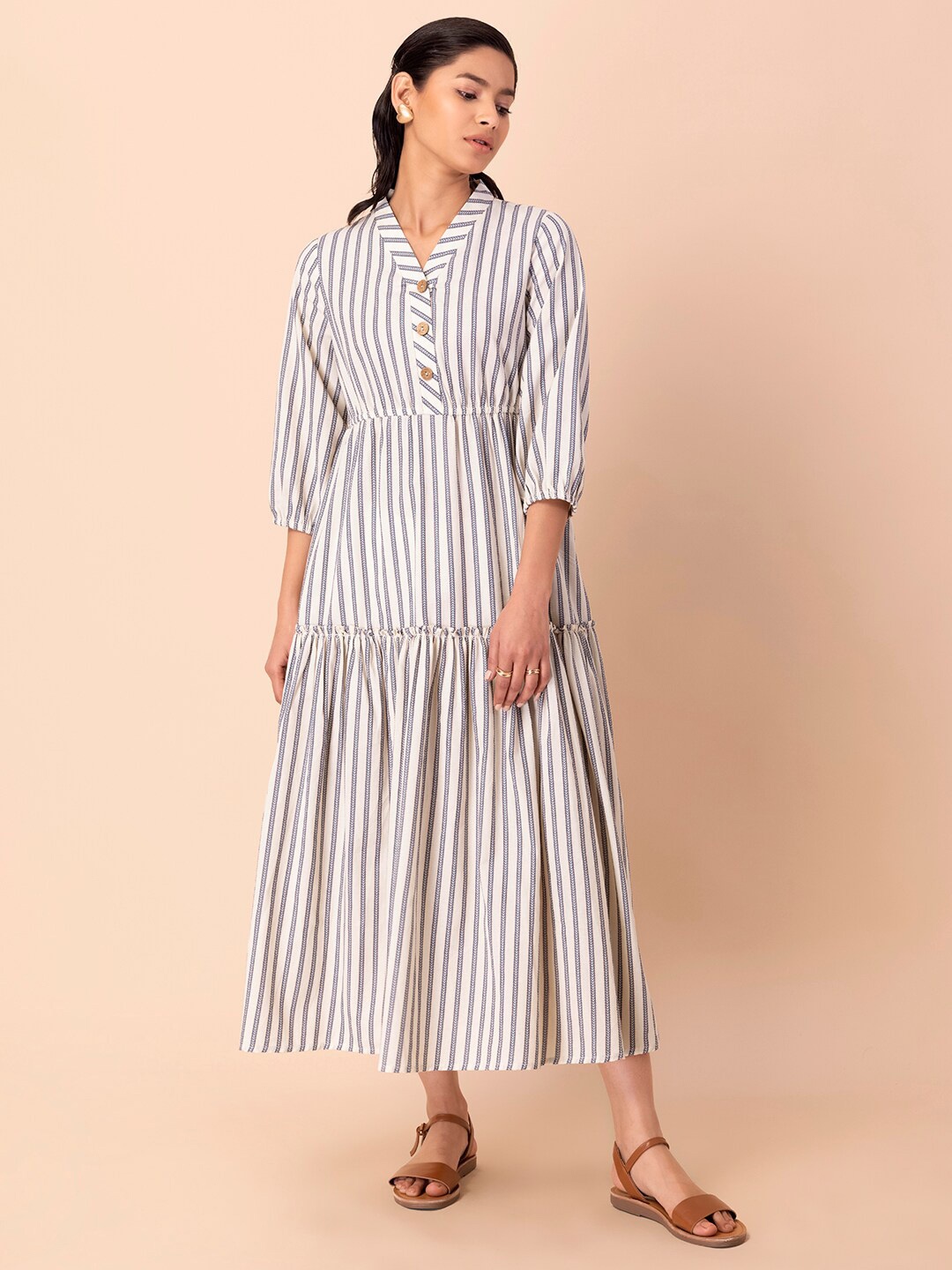 

INDYA Striped Tiered Pure Cotton Fit & Flare Midi Dress, White