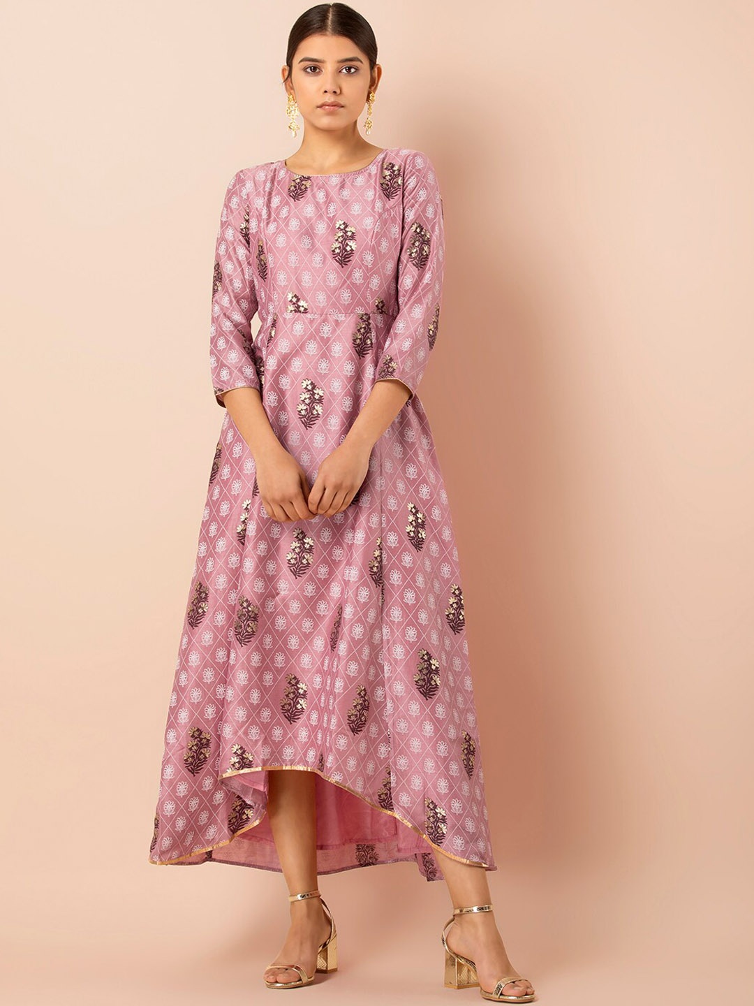 

INDYA Floral Printed High-Low A-Line Midi Ethnic Dress, Pink