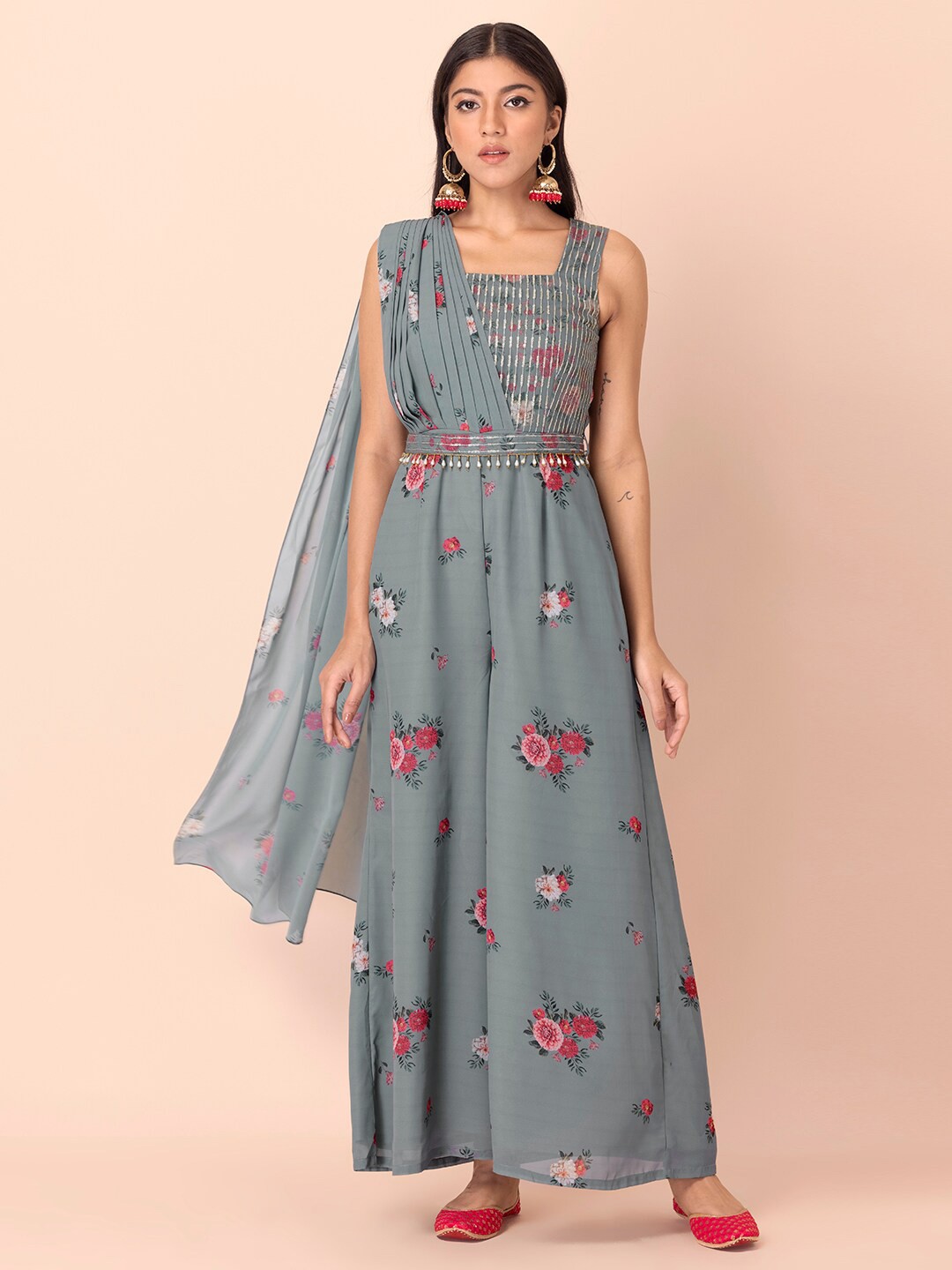 

INDYA Floral Printed Belted Jumpsuit With Attached Dupatta, Grey