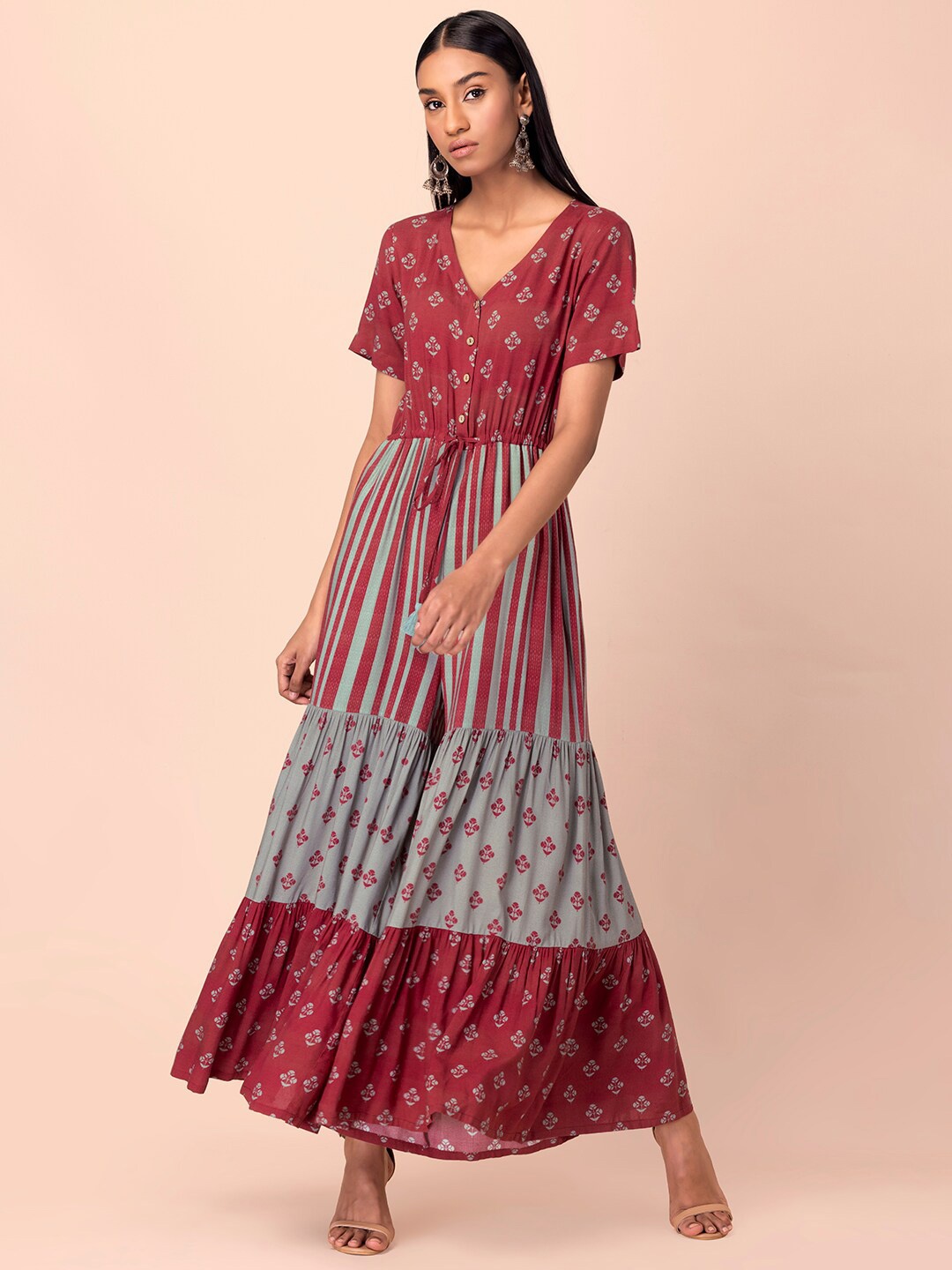 

INDYA Ethnic Motifs Printed V-neck Waist Tie Ups Basic Jumpsuit, Maroon