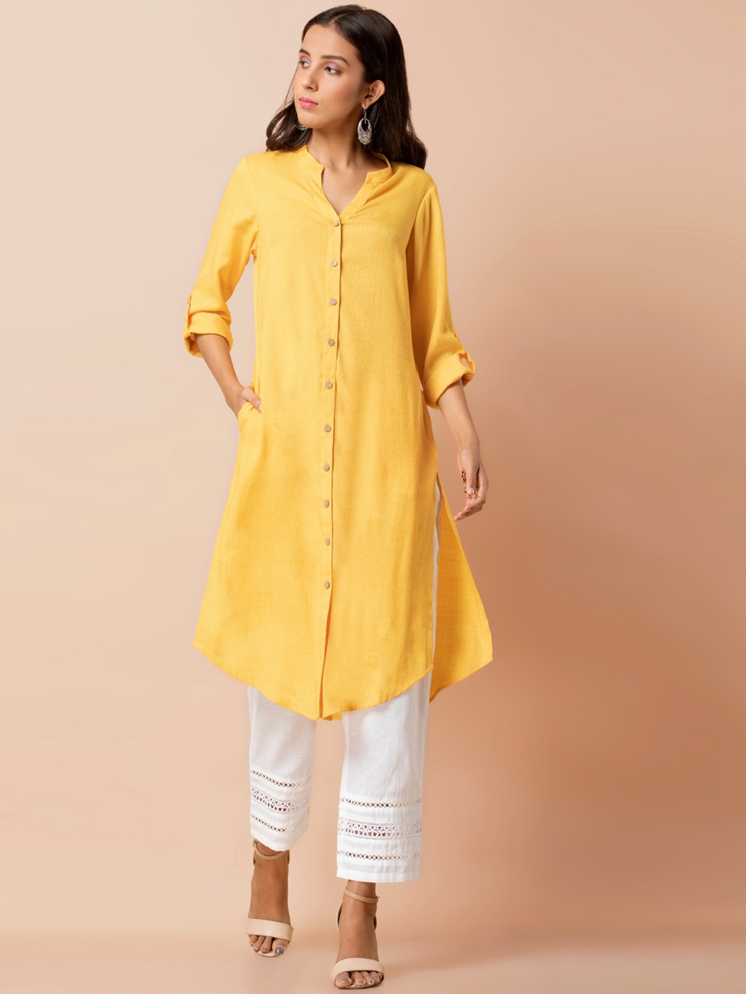 

INDYA Band Collar Roll Up Neck A-Line Kurta, Yellow