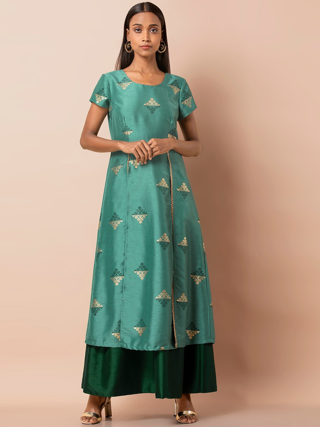 

INDYA Ethnic Motif Printed Foil Print A-Line Kurta, Green