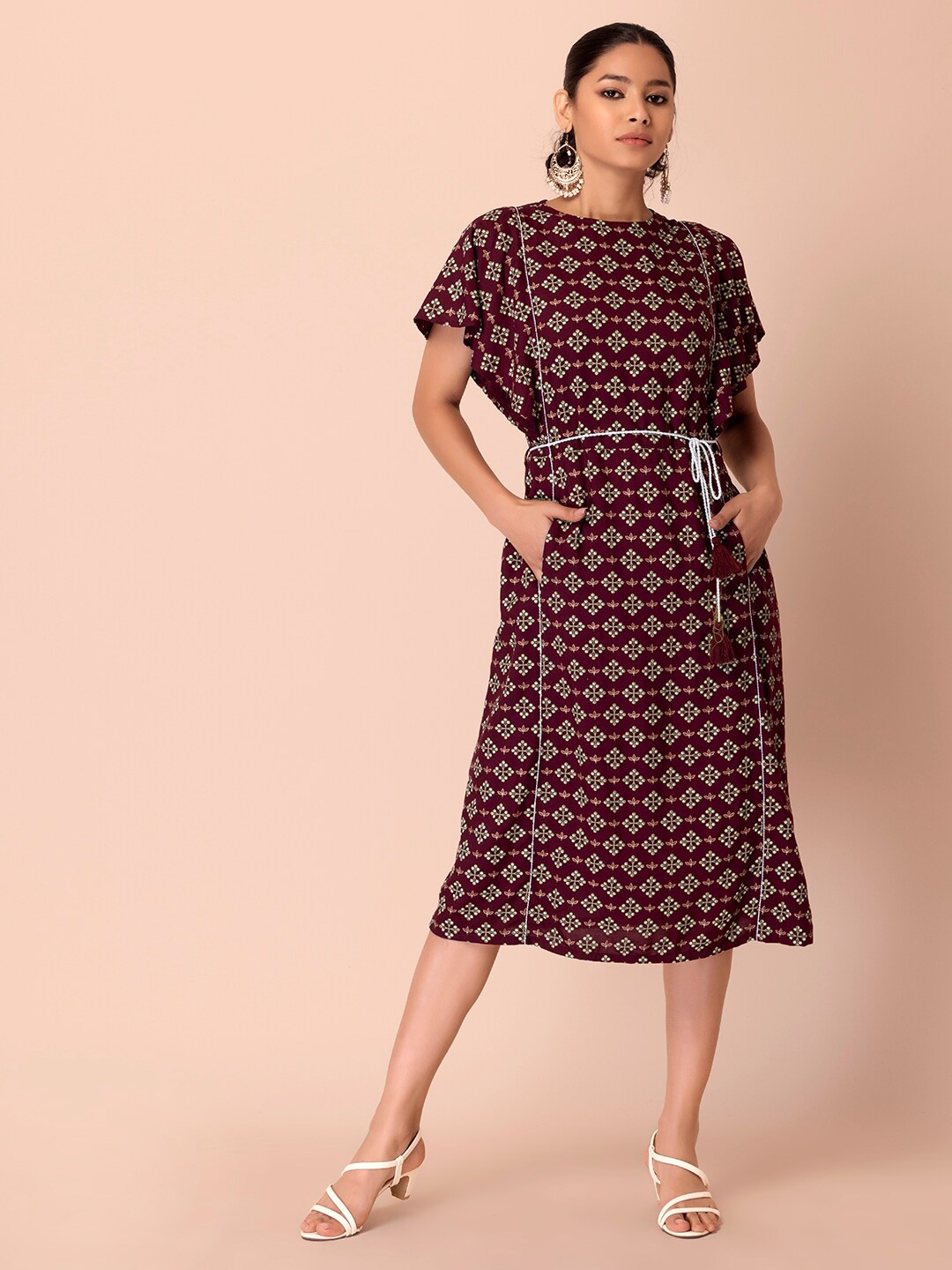 

INDYA Foil-Printed A-Line Dress, Maroon